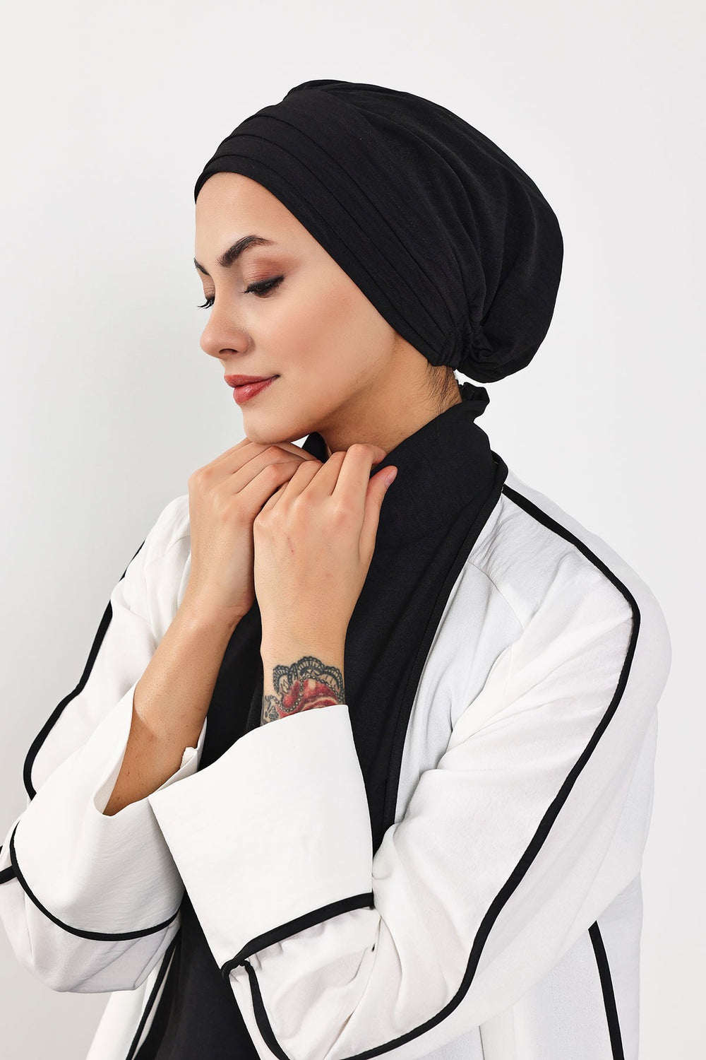 Modest Sun Protective Turban Bonnet with Removable Bow Brim for Women, 2-in-1 Aerobin Hijab Hat with Removable Brim,S-4A Black