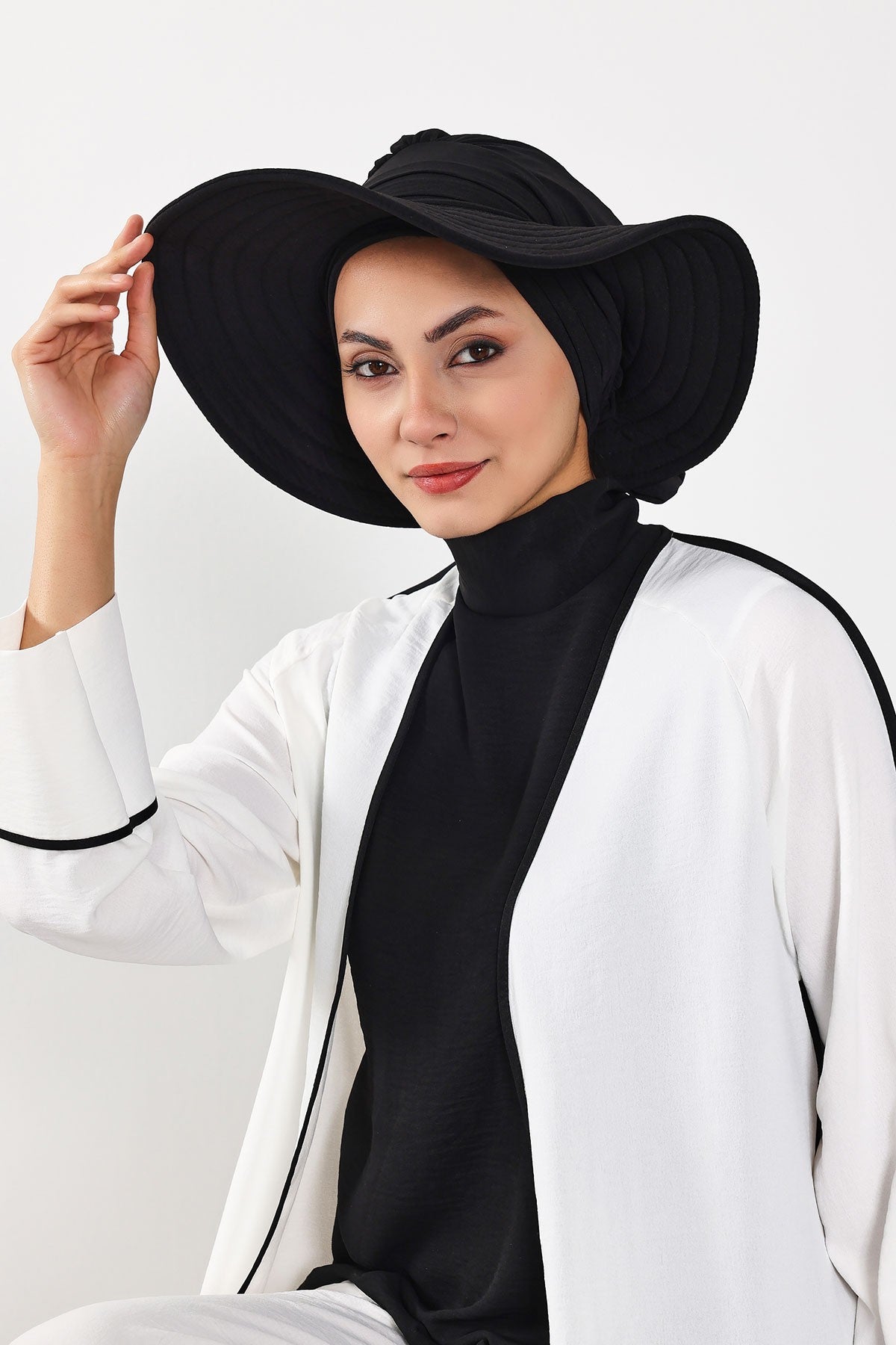 Modest Sun Protective Turban Bonnet with Removable Bow Brim for Women, 2-in-1 Aerobin Hijab Hat with Removable Brim,S-4A Black
