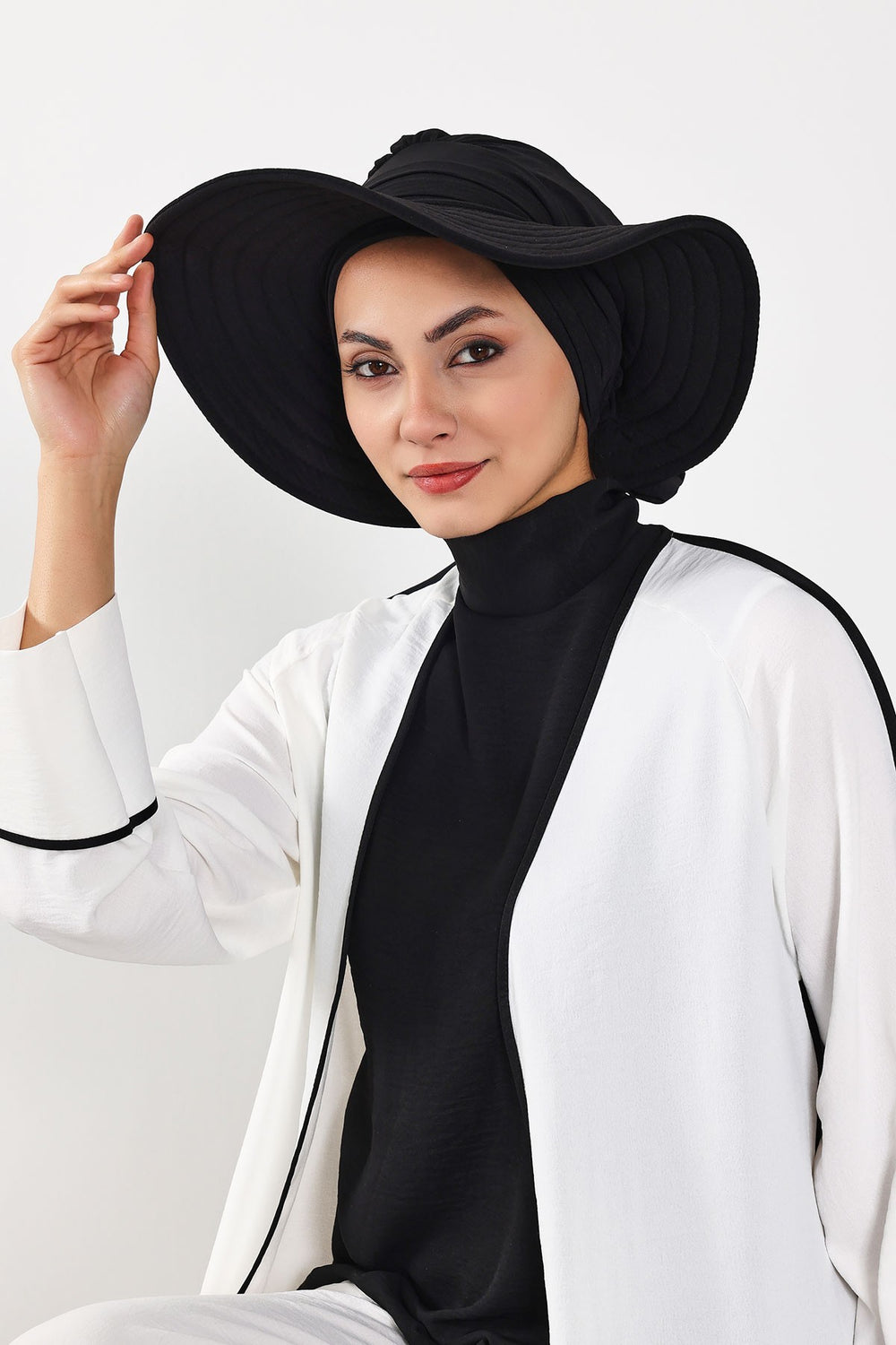 Modest Sun Protective Turban Bonnet with Removable Bow Brim for Women, 2-in-1 Aerobin Hijab Hat with Removable Brim,S-4A Black