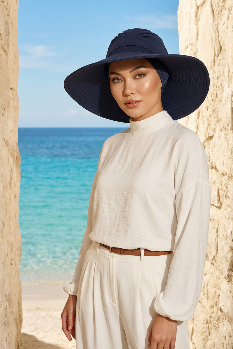 Modest Sun Protective Turban Bonnet with Removable Bow Brim for Women, 2-in-1 Hijab Hat with Removable Brim,S-4