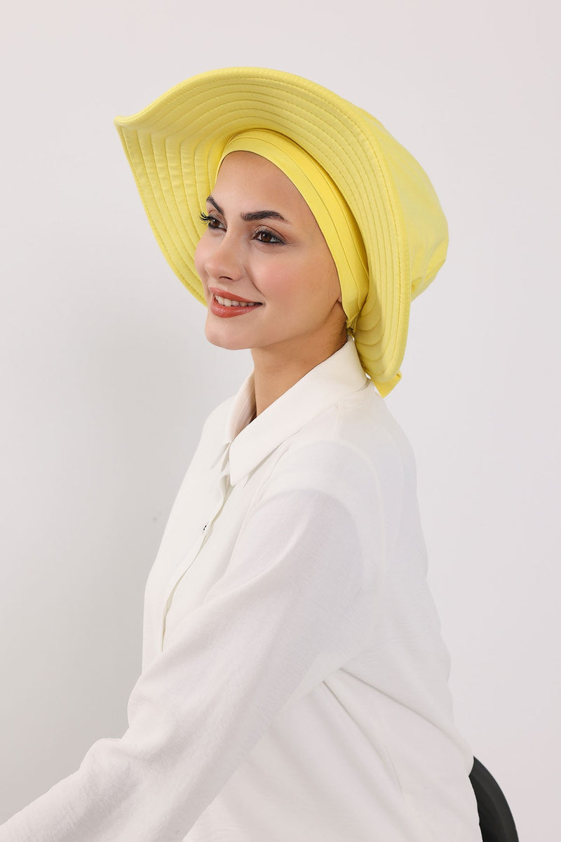 Modest Sun Protective Turban Bonnet with Removable Bow Brim for Women, 2-in-1 Hijab Hat with Removable Brim,S-4