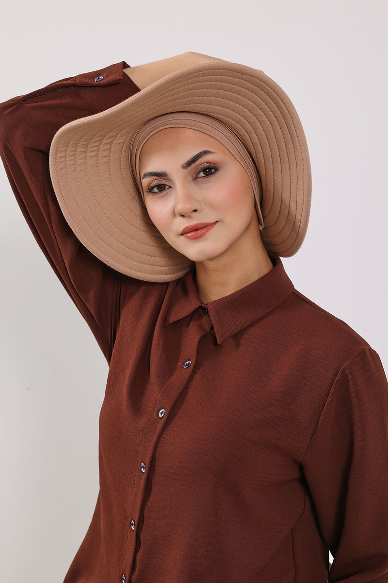 Modest Sun Protective Turban Bonnet with Removable Bow Brim for Women, 2-in-1 Hijab Hat with Removable Brim,S-4