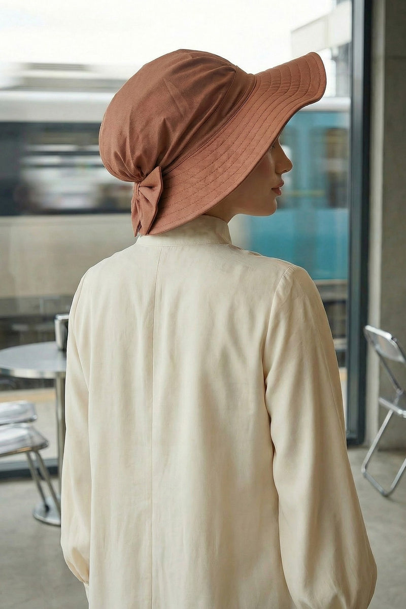 Modest Sun Protective Turban Bonnet with Removable Bow Brim for Women, 2-in-1 Hijab Hat with Removable Brim,S-4