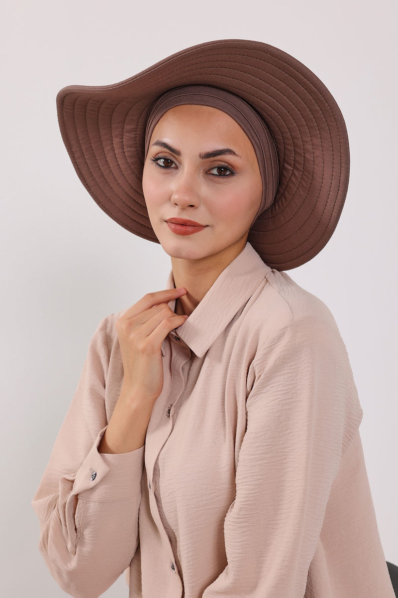 Modest Sun Protective Turban Bonnet with Removable Bow Brim for Women, 2-in-1 Hijab Hat with Removable Brim,S-4