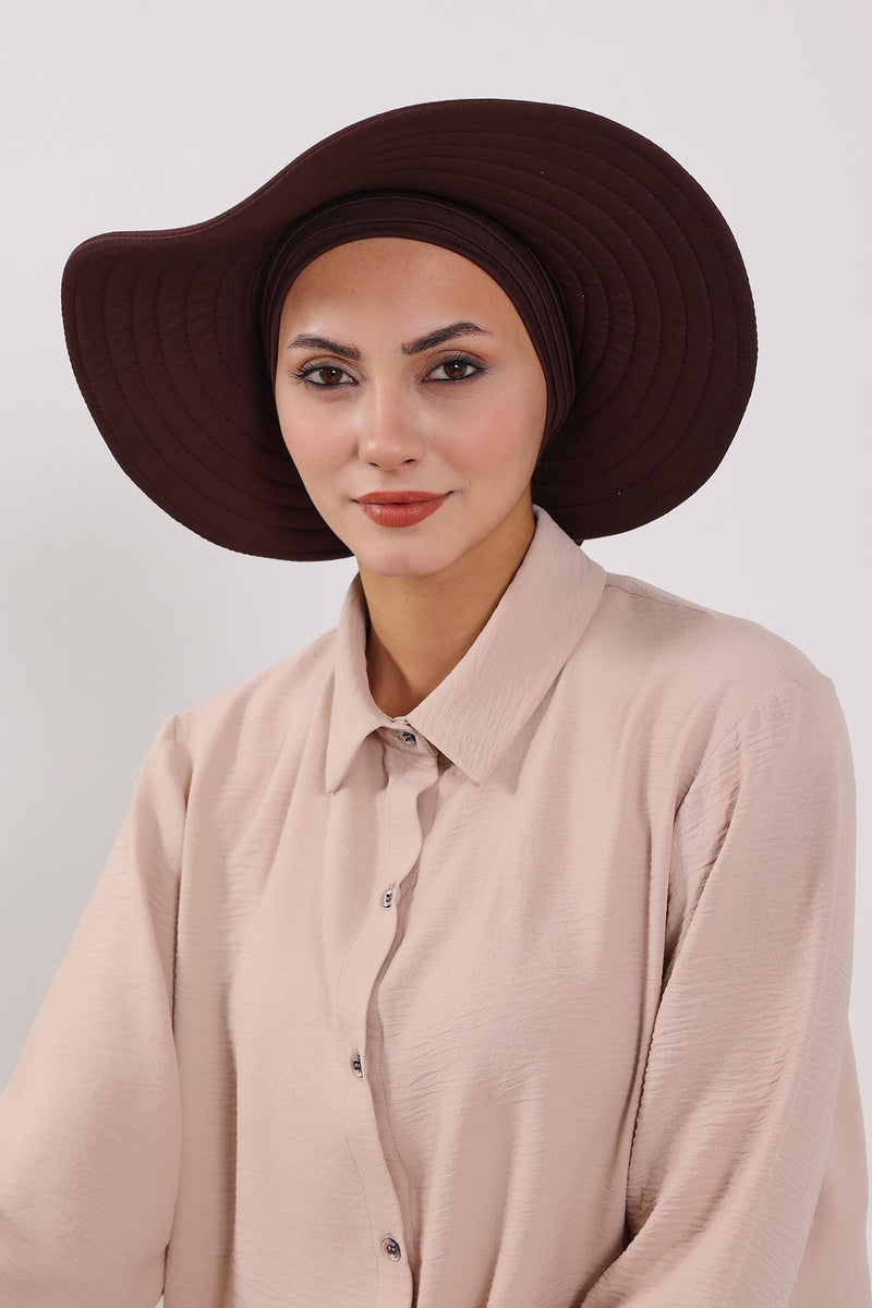 Modest Sun Protective Turban Bonnet with Removable Bow Brim for Women, 2-in-1 Hijab Hat with Removable Brim,S-4