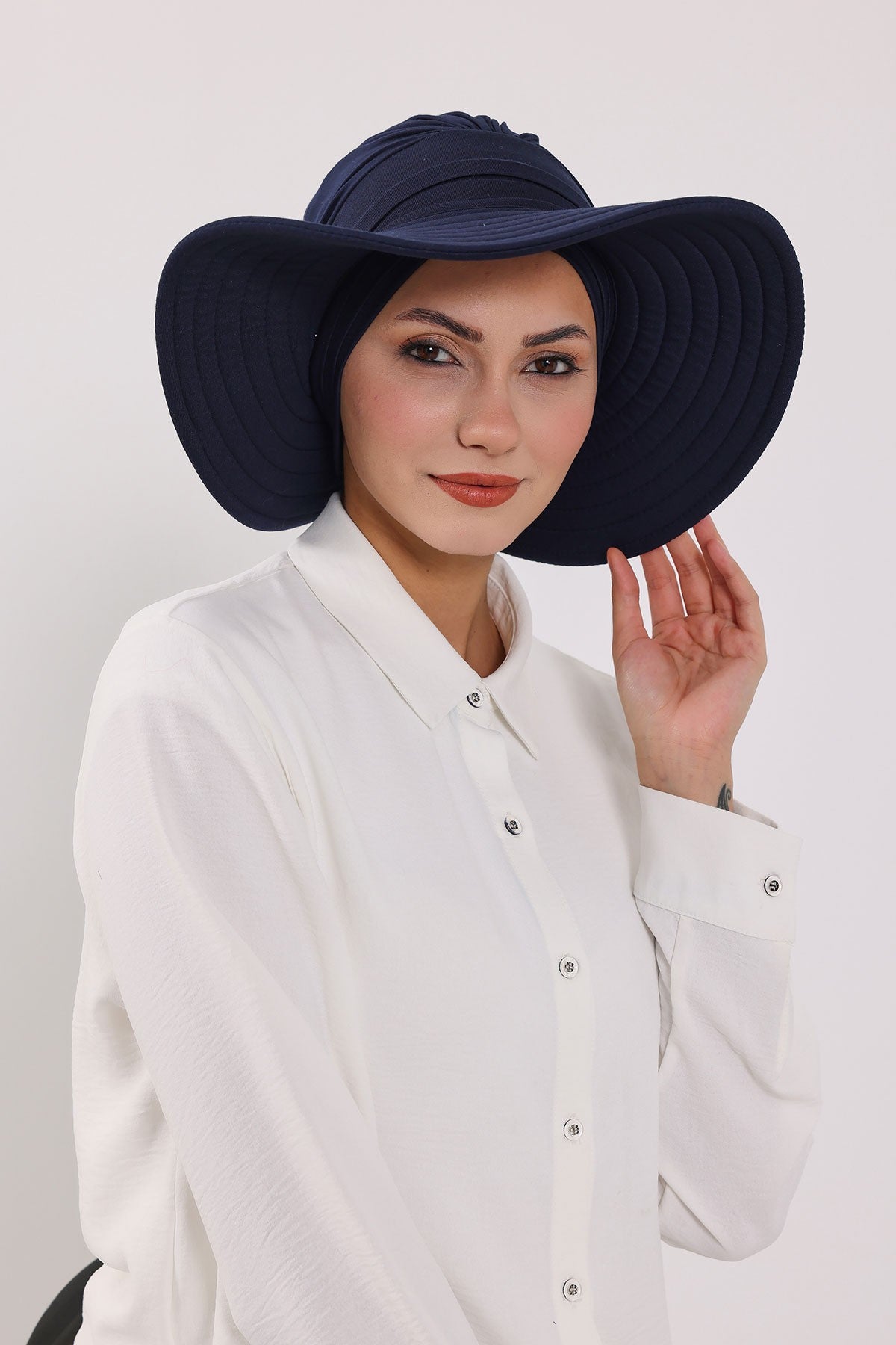 Modest Sun Protective Turban Bonnet with Removable Bow Brim for Women, 2-in-1 Hijab Hat with Removable Brim,S-4 Navy Blue