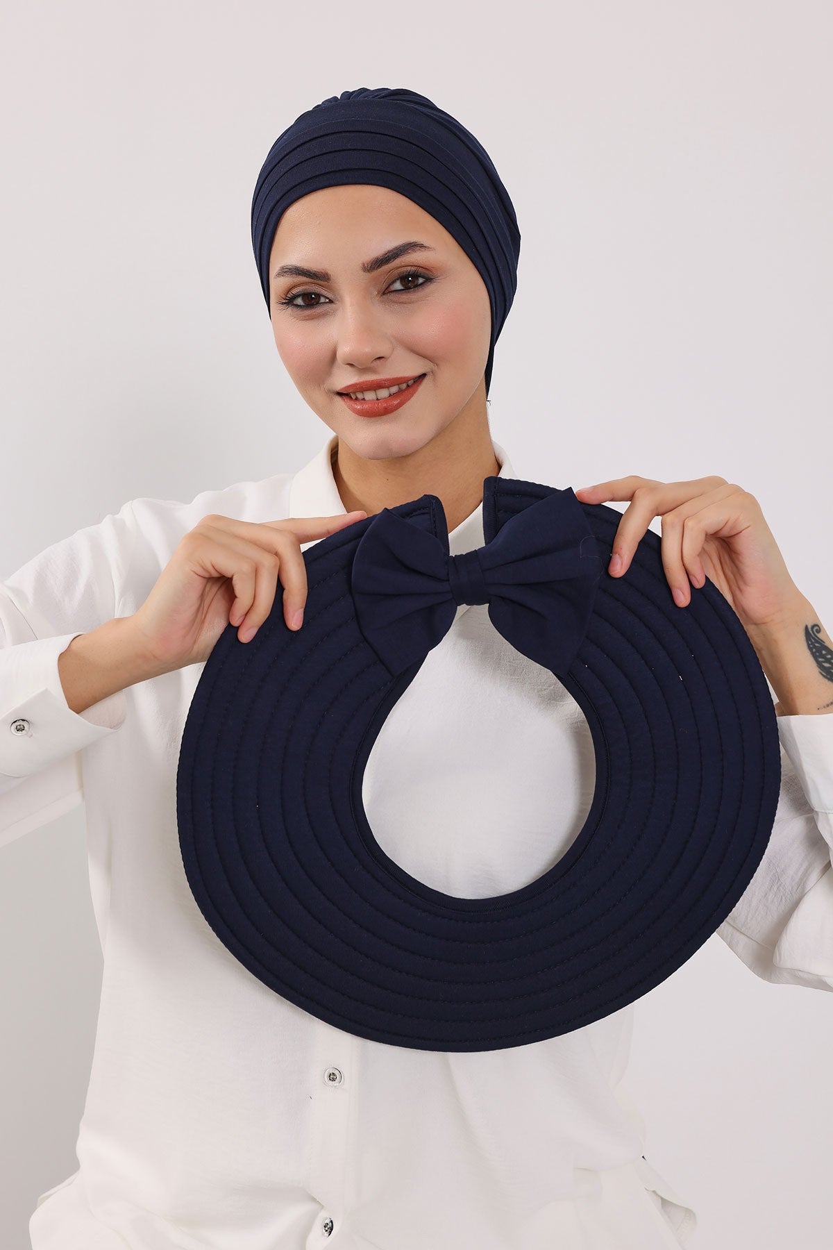 Modest Sun Protective Turban Bonnet with Removable Bow Brim for Women, 2-in-1 Hijab Hat with Removable Brim,S-4 Navy Blue