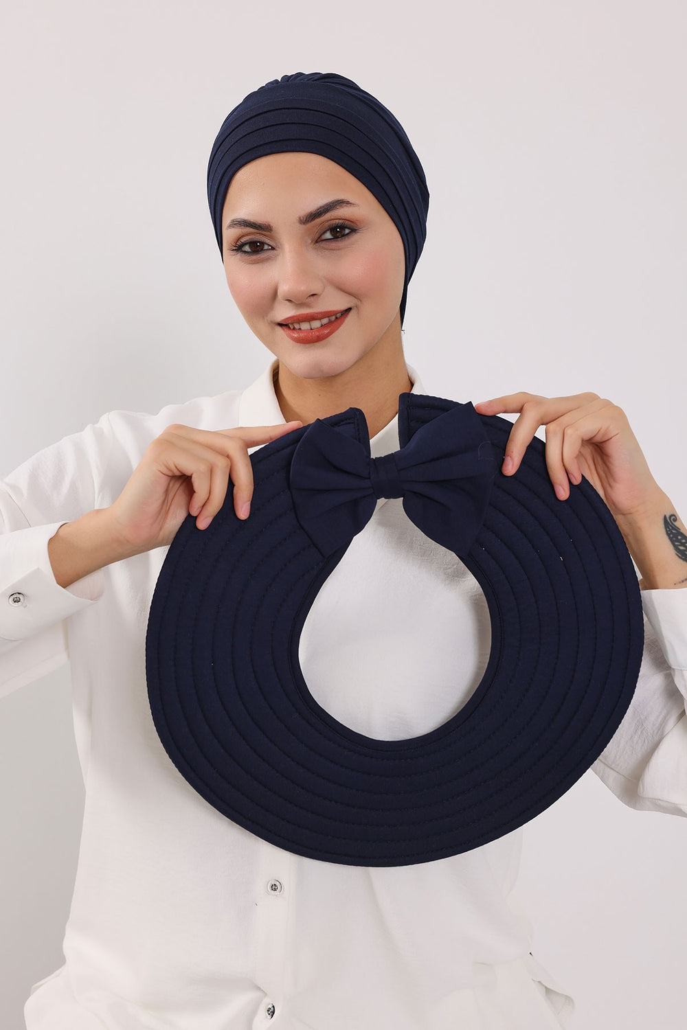 Modest Sun Protective Turban Bonnet with Removable Bow Brim for Women, 2-in-1 Hijab Hat with Removable Brim,S-4 Navy Blue