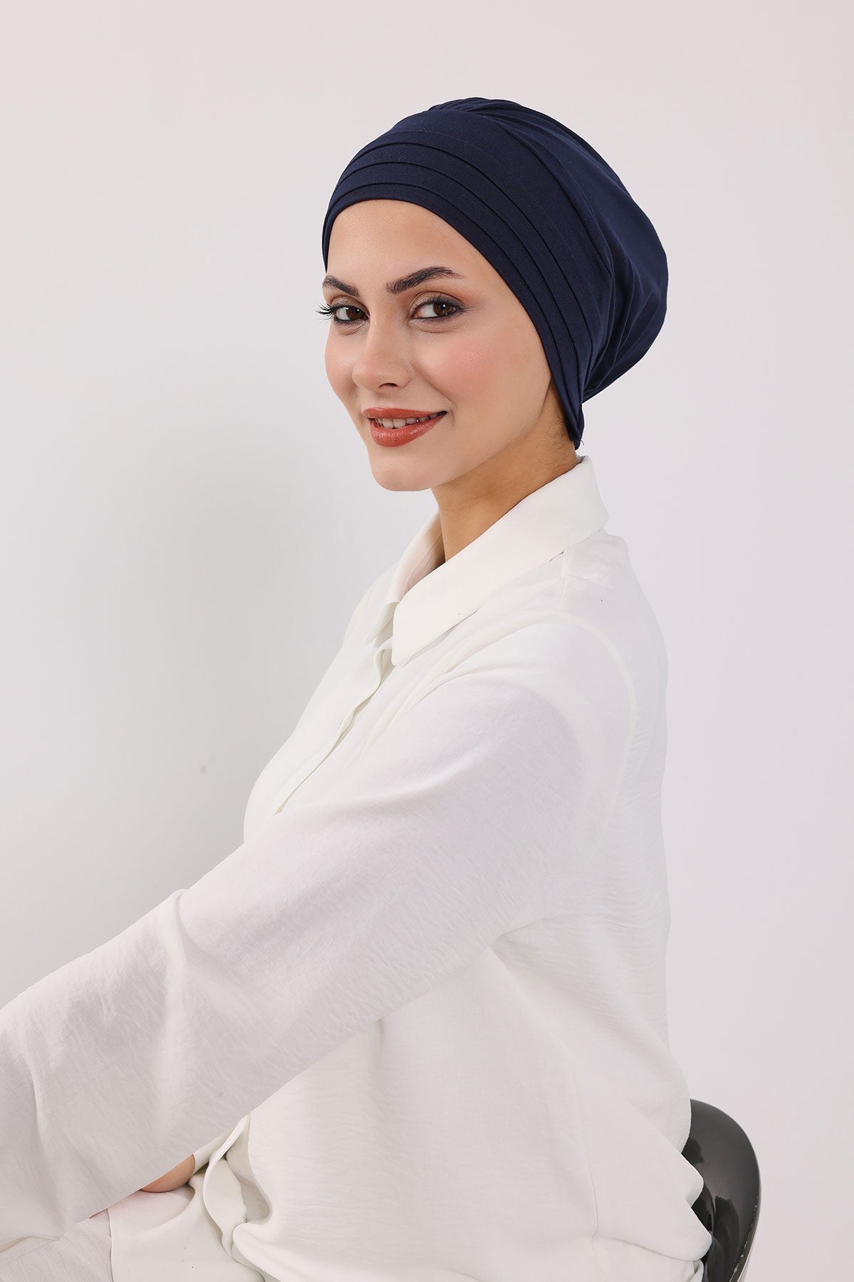 Modest Sun Protective Turban Bonnet with Removable Bow Brim for Women, 2-in-1 Hijab Hat with Removable Brim,S-4 Navy Blue