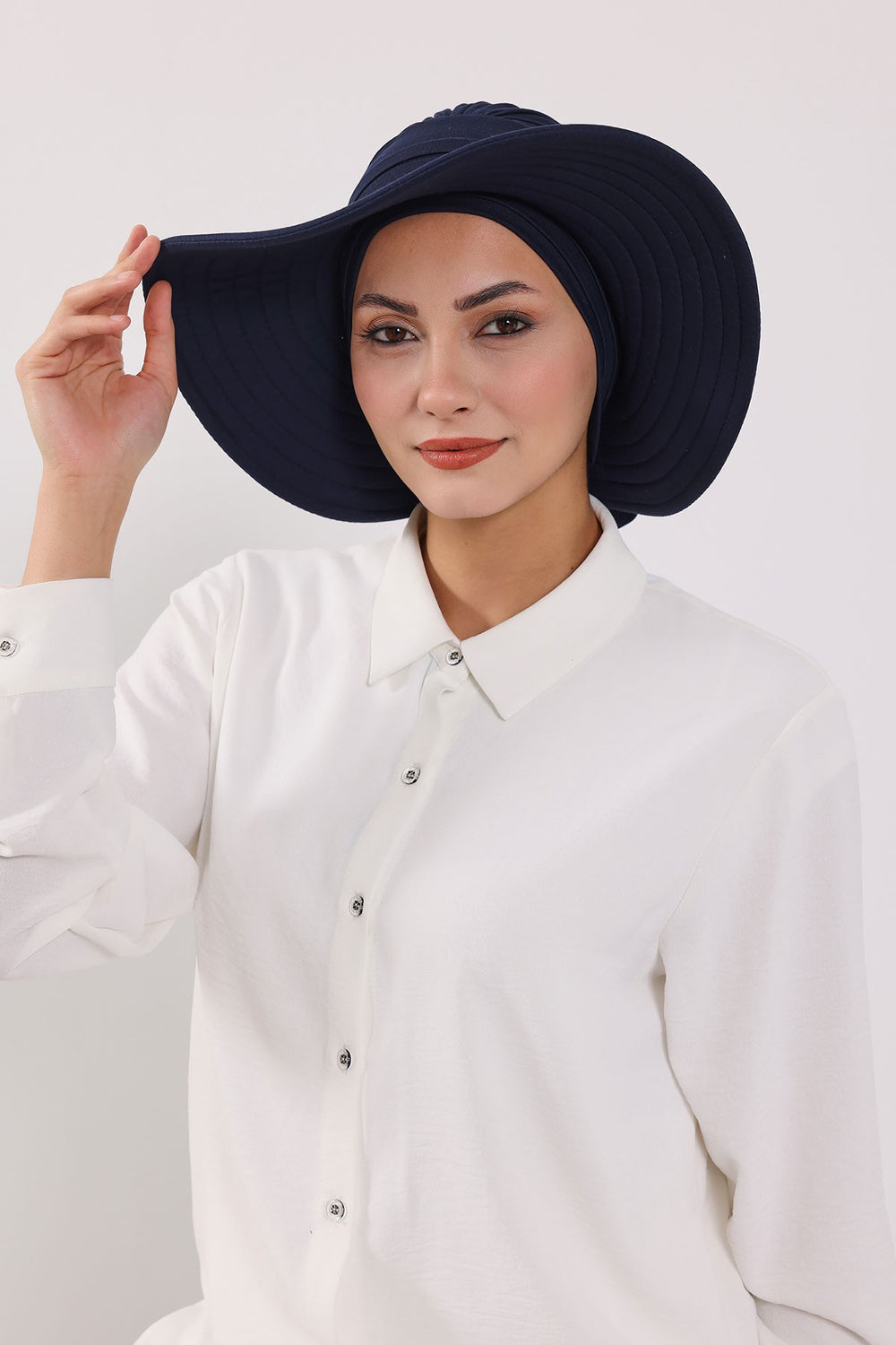 Modest Sun Protective Turban Bonnet with Removable Bow Brim for Women, 2-in-1 Hijab Hat with Removable Brim,S-4 Navy Blue