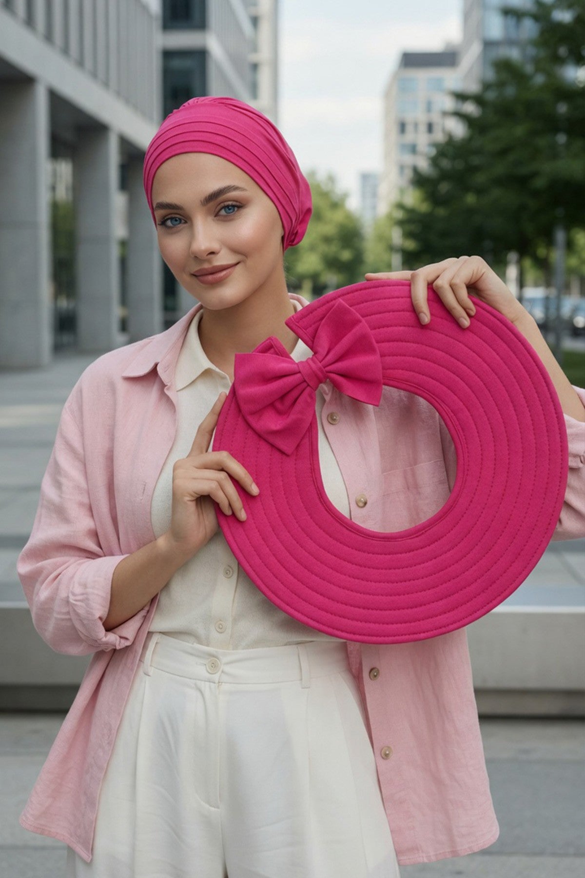 Modest Sun Protective Turban Bonnet with Removable Bow Brim for Women, 2-in-1 Hijab Hat with Removable Brim,S-4 Fuchsia