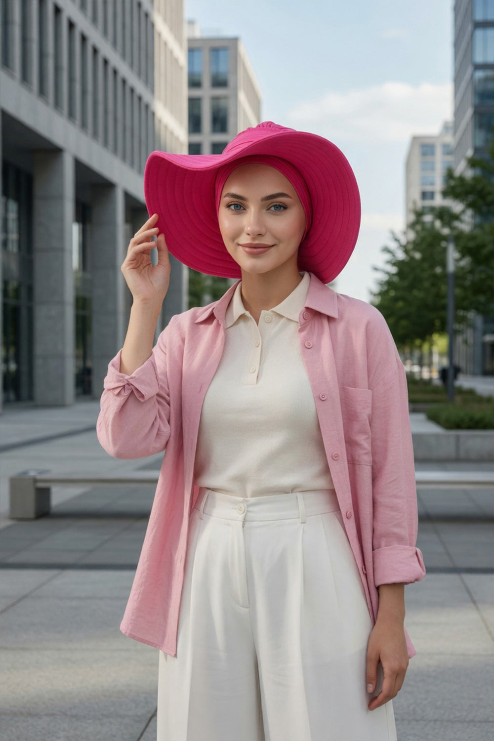 Modest Sun Protective Turban Bonnet with Removable Bow Brim for Women, 2-in-1 Hijab Hat with Removable Brim,S-4 Fuchsia