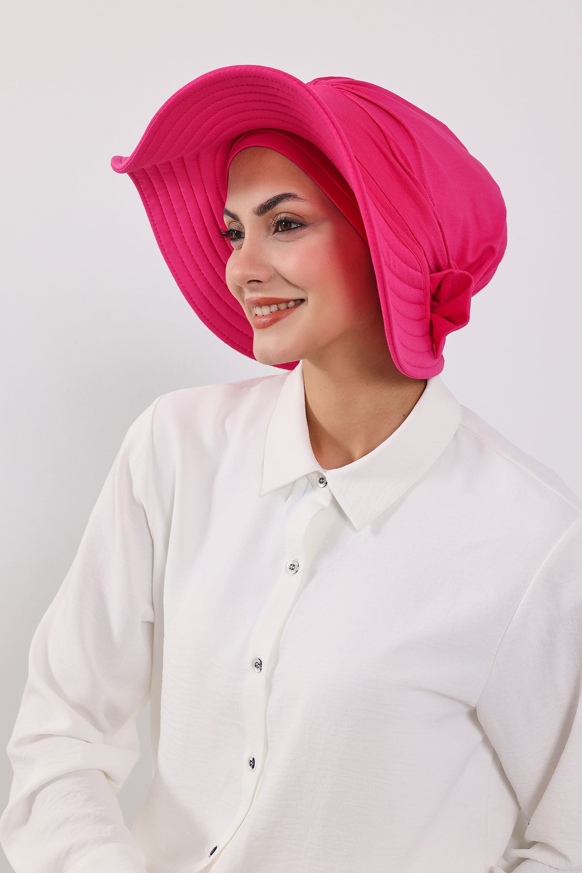 Modest Sun Protective Turban Bonnet with Removable Bow Brim for Women, 2-in-1 Hijab Hat with Removable Brim,S-4 Fuchsia