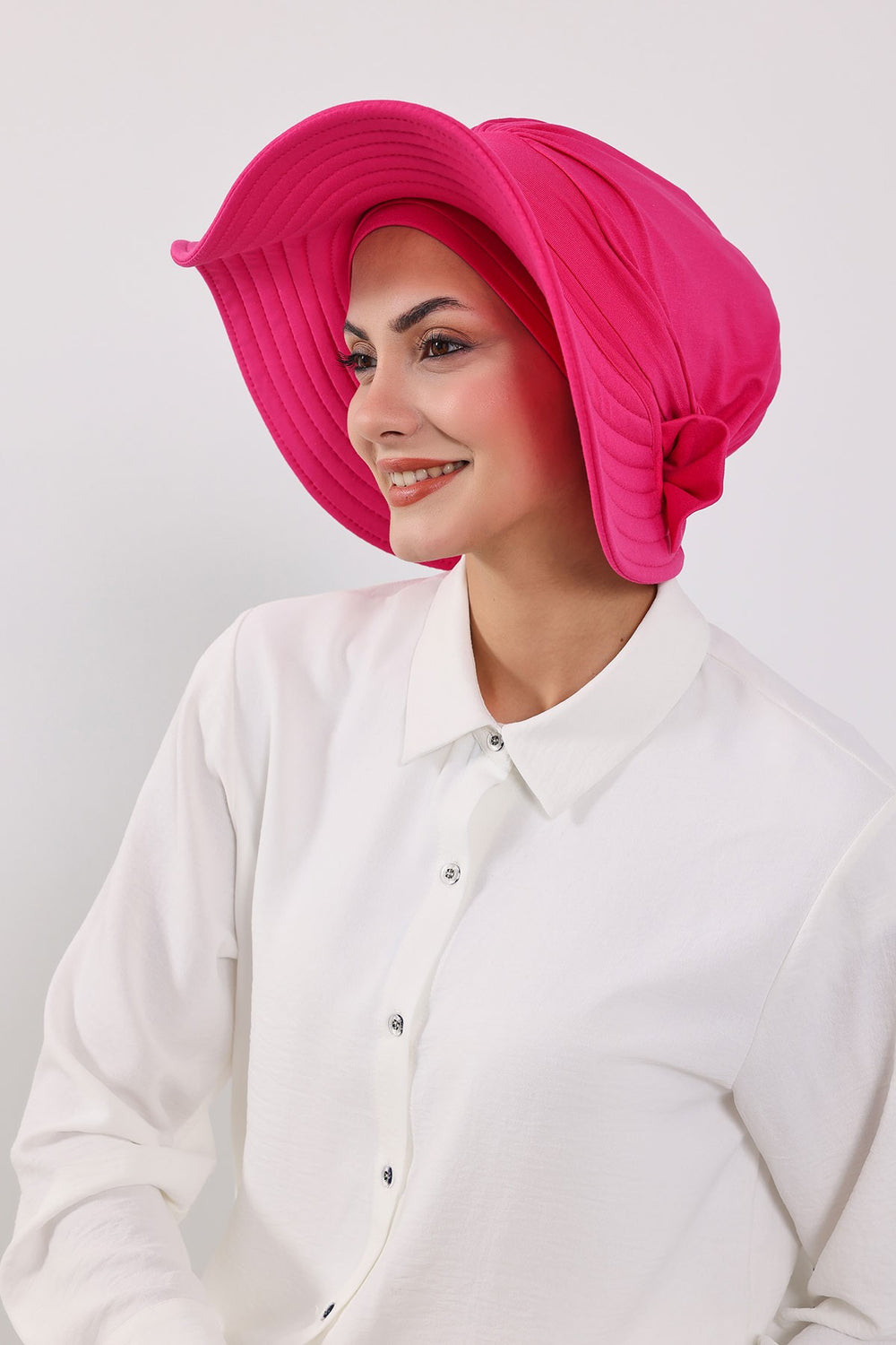 Modest Sun Protective Turban Bonnet with Removable Bow Brim for Women, 2-in-1 Hijab Hat with Removable Brim,S-4 Fuchsia