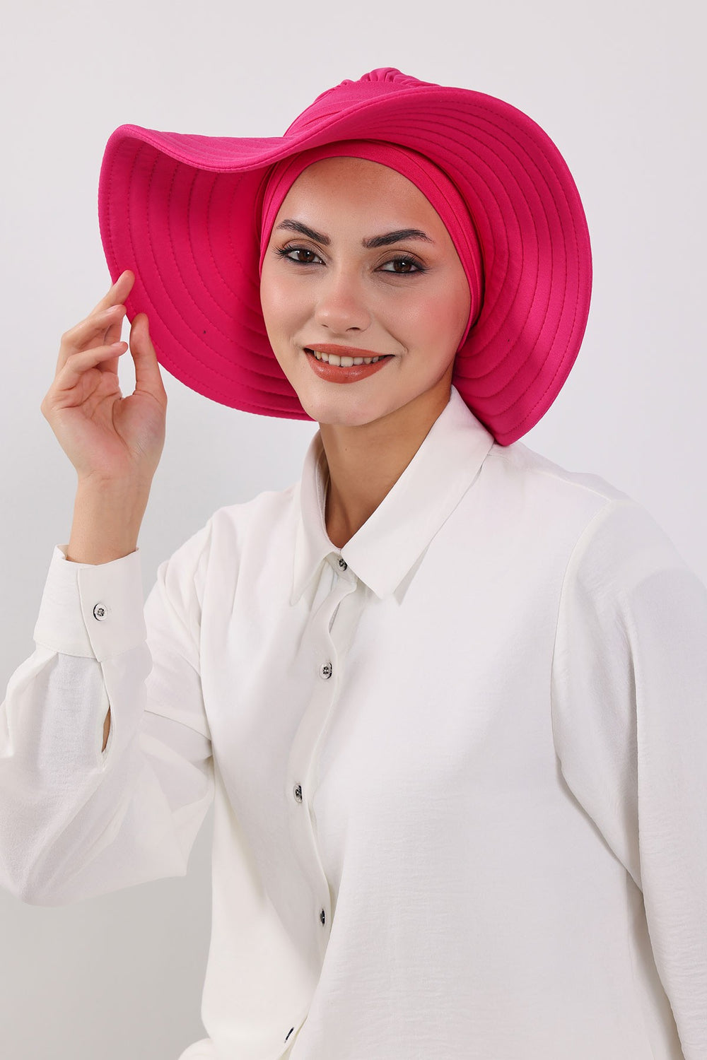 Modest Sun Protective Turban Bonnet with Removable Bow Brim for Women, 2-in-1 Hijab Hat with Removable Brim,S-4 Fuchsia