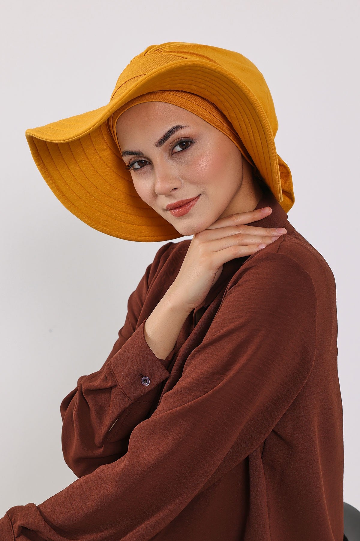 Modest Sun Protective Turban Bonnet with Removable Bow Brim for Women, 2-in-1 Hijab Hat with Removable Brim,S-4 Mustard Yellow
