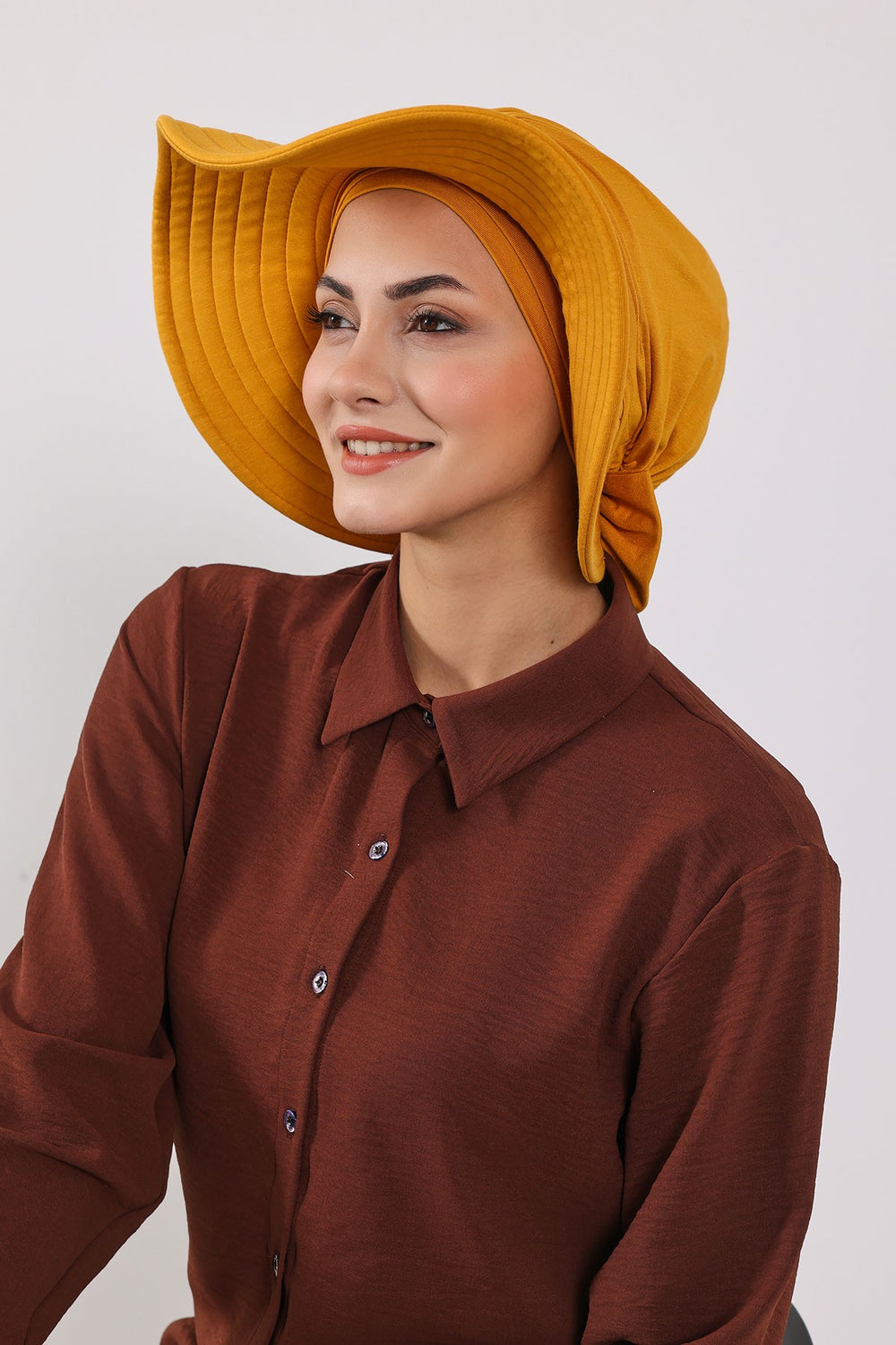 Modest Sun Protective Turban Bonnet with Removable Bow Brim for Women, 2-in-1 Hijab Hat with Removable Brim,S-4 Mustard Yellow