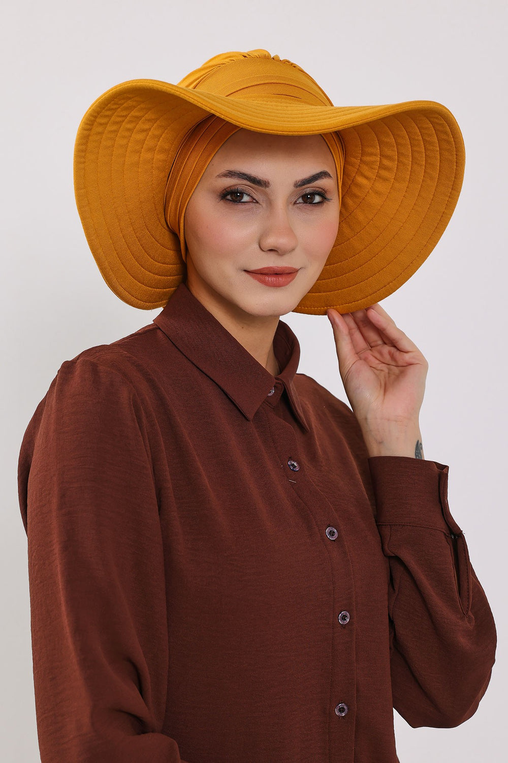 Modest Sun Protective Turban Bonnet with Removable Bow Brim for Women, 2-in-1 Hijab Hat with Removable Brim,S-4 Mustard Yellow