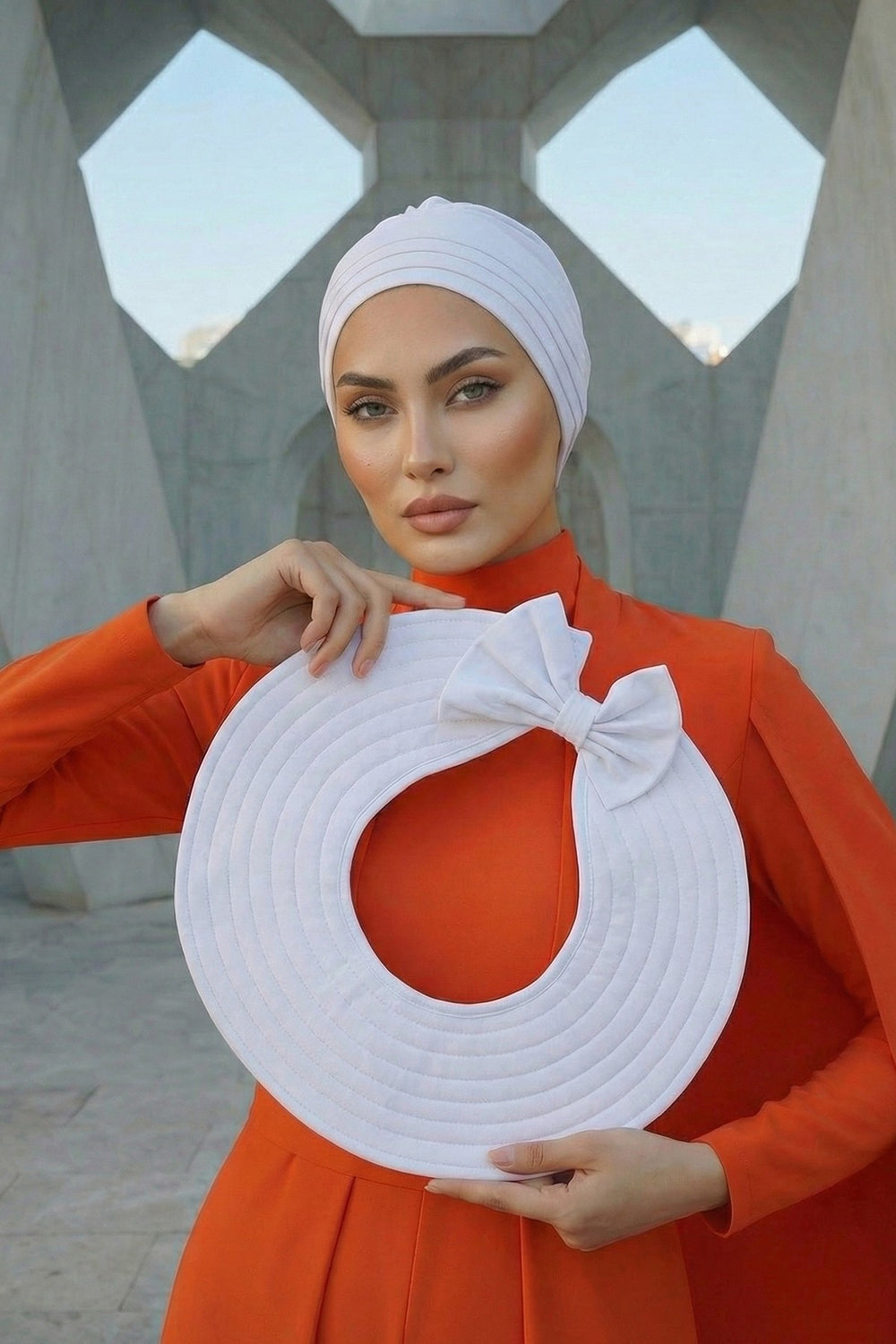 Modest Sun Protective Turban Bonnet with Removable Bow Brim for Women, 2-in-1 Hijab Hat with Removable Brim,S-4 White