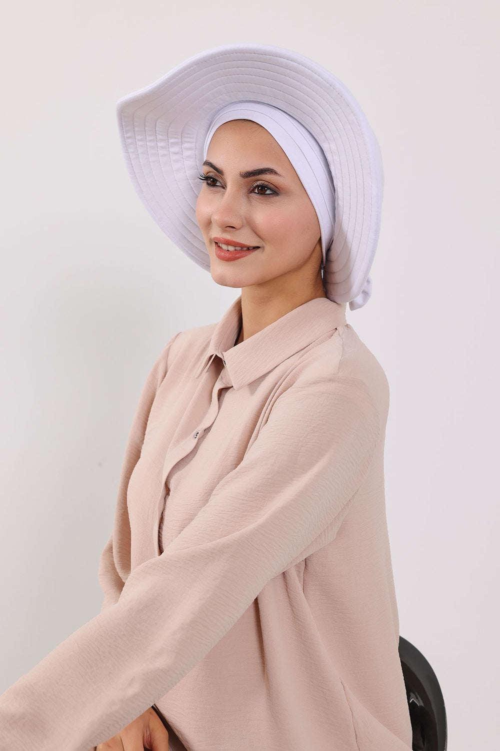 Modest Sun Protective Turban Bonnet with Removable Bow Brim for Women, 2-in-1 Hijab Hat with Removable Brim,S-4 White