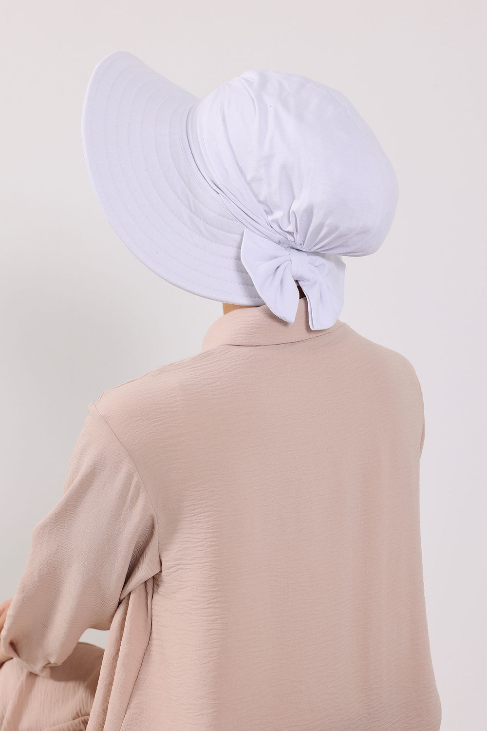 Modest Sun Protective Turban Bonnet with Removable Bow Brim for Women, 2-in-1 Hijab Hat with Removable Brim,S-4 White