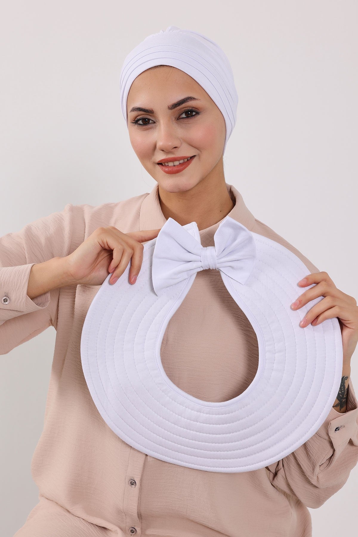 Modest Sun Protective Turban Bonnet with Removable Bow Brim for Women, 2-in-1 Hijab Hat with Removable Brim,S-4 White