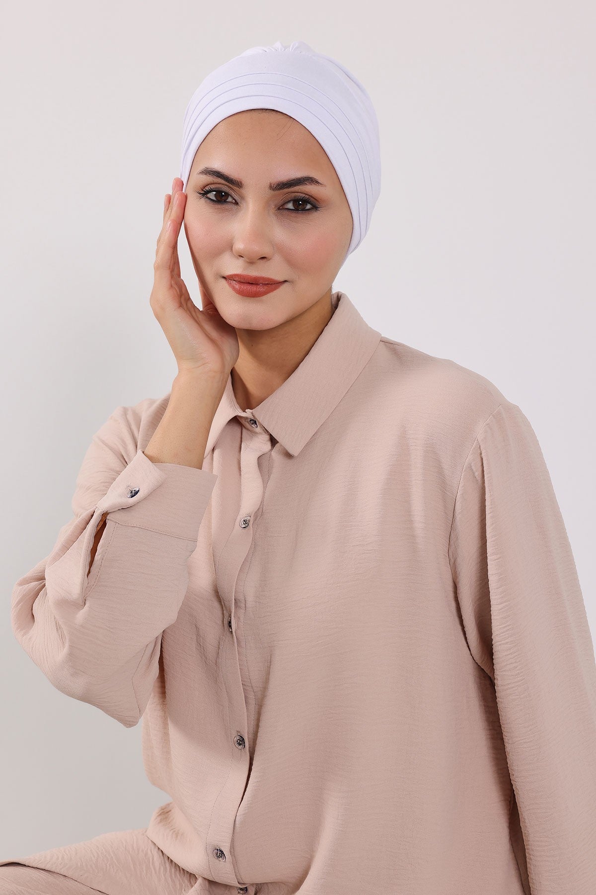 Modest Sun Protective Turban Bonnet with Removable Bow Brim for Women, 2-in-1 Hijab Hat with Removable Brim,S-4 White