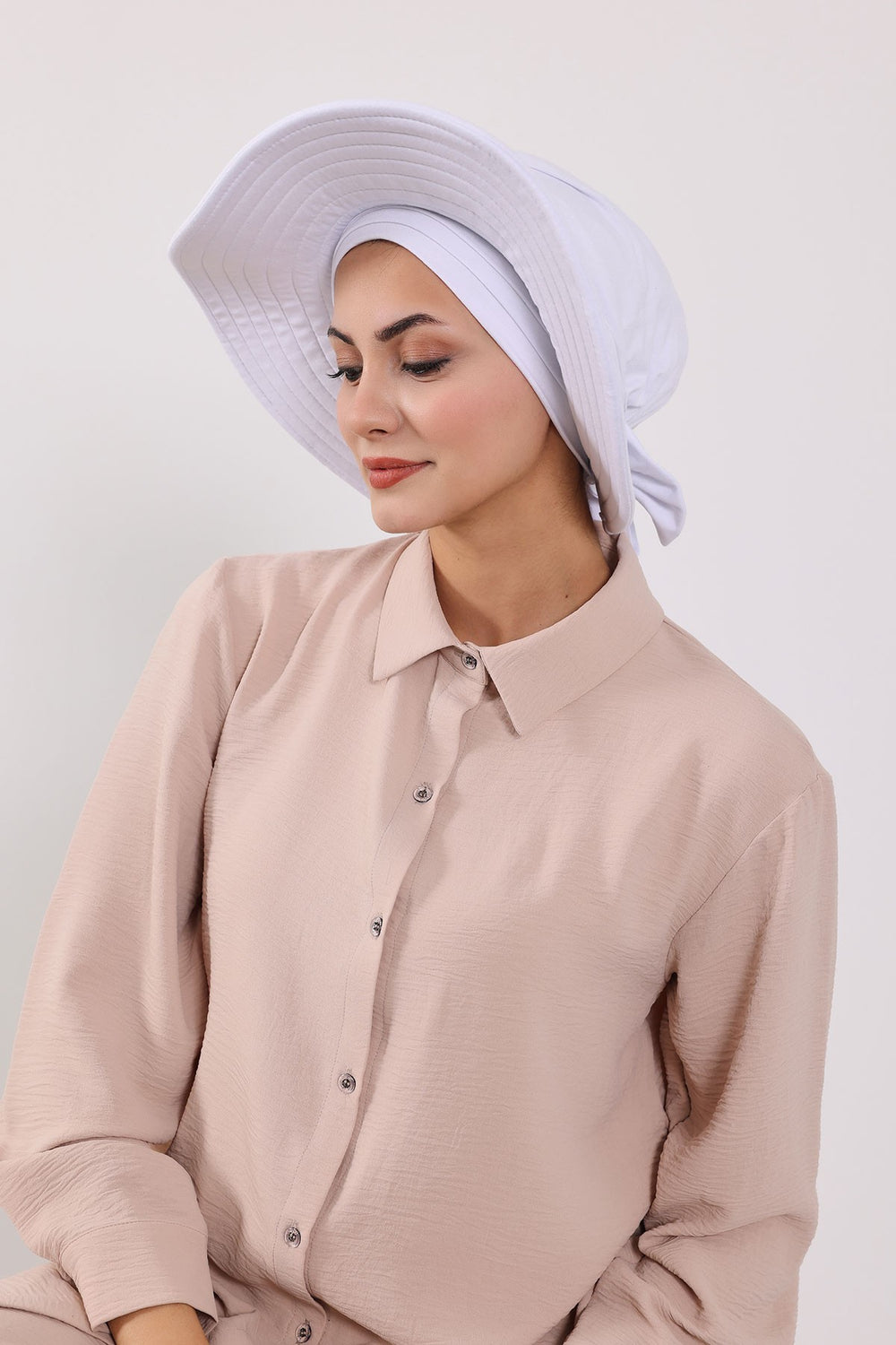 Modest Sun Protective Turban Bonnet with Removable Bow Brim for Women, 2-in-1 Hijab Hat with Removable Brim,S-4 White