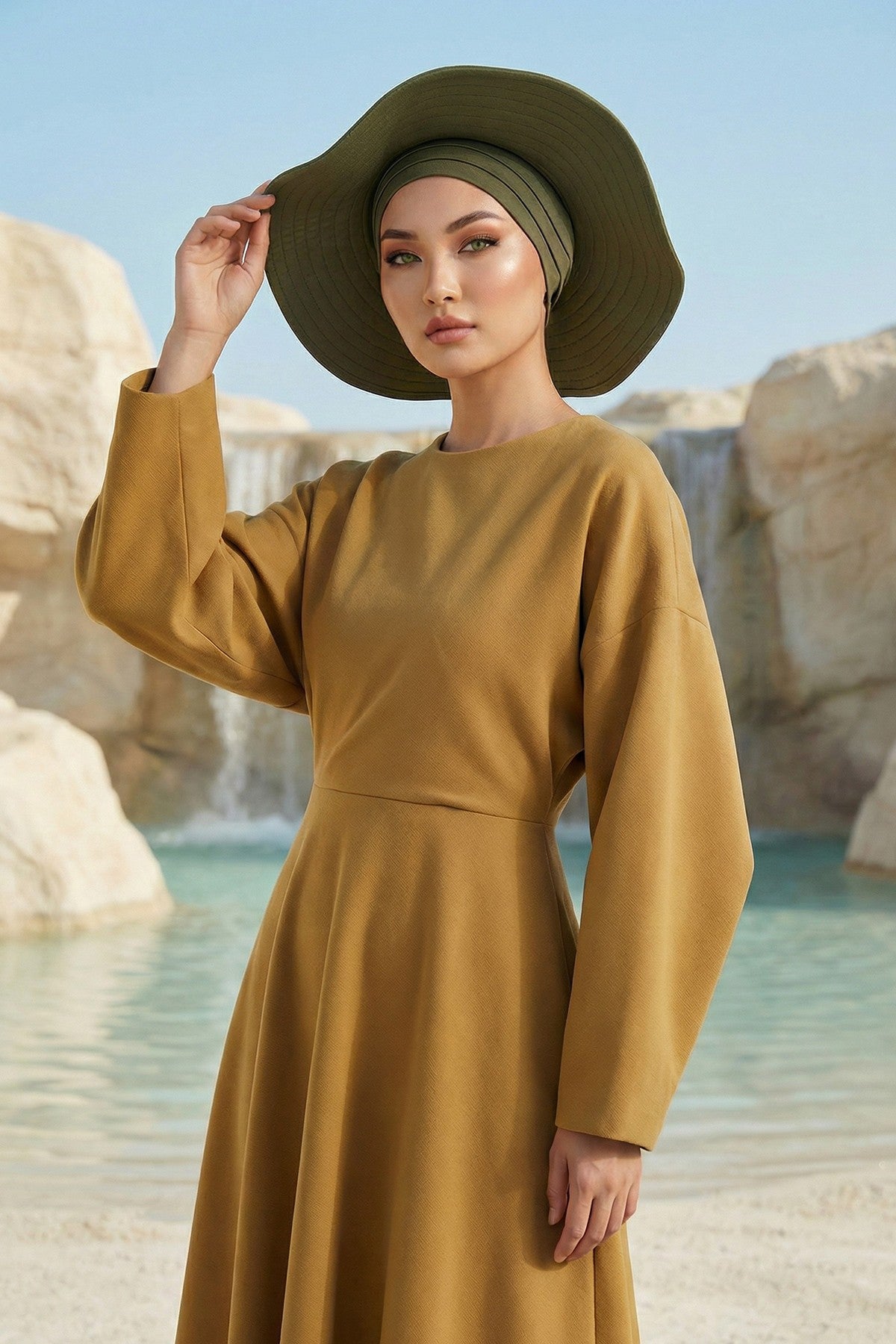 Modest Sun Protective Turban Bonnet with Removable Bow Brim for Women, 2-in-1 Hijab Hat with Removable Brim,S-4 Army Green