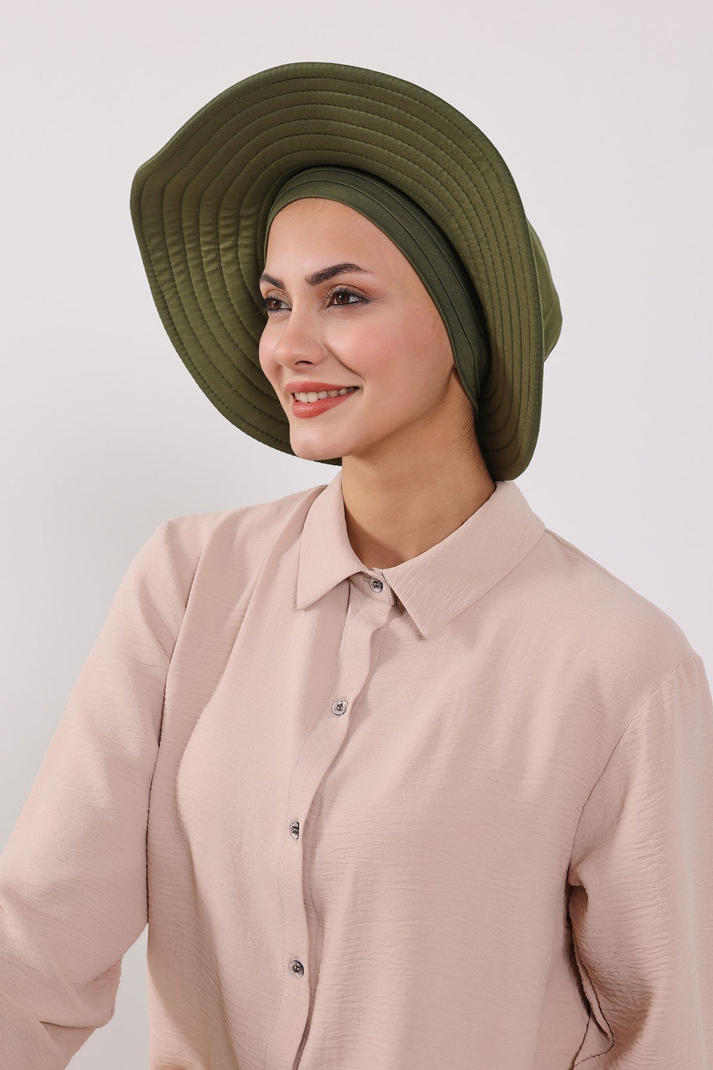 Modest Sun Protective Turban Bonnet with Removable Bow Brim for Women, 2-in-1 Hijab Hat with Removable Brim,S-4 Army Green