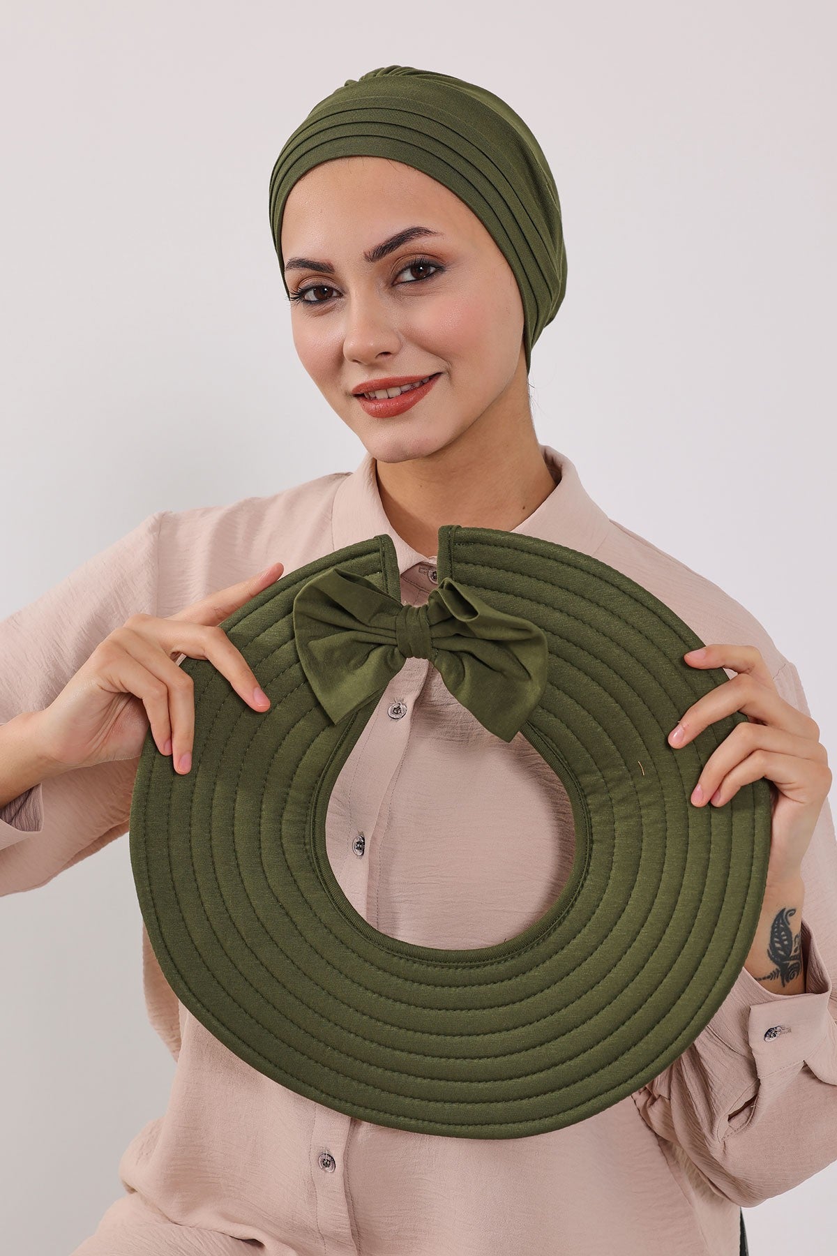 Modest Sun Protective Turban Bonnet with Removable Bow Brim for Women, 2-in-1 Hijab Hat with Removable Brim,S-4 Army Green
