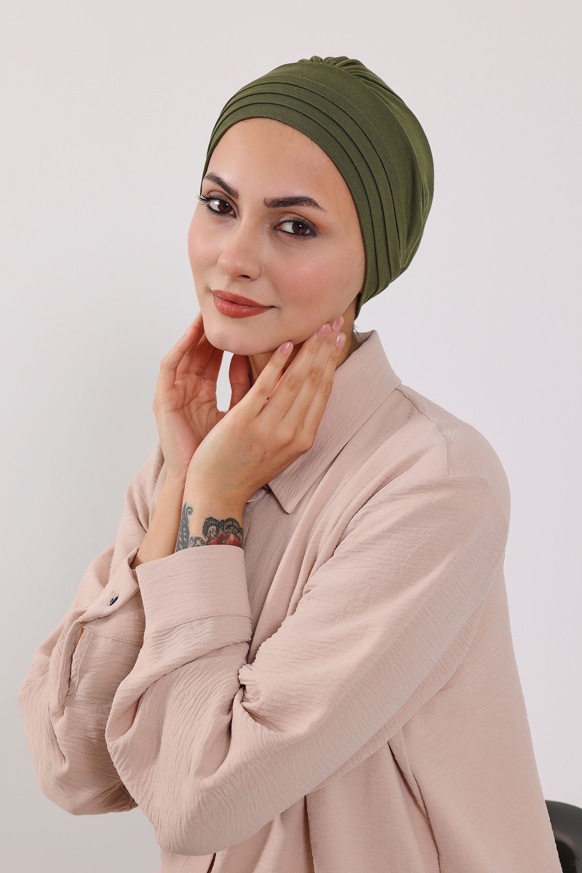 Modest Sun Protective Turban Bonnet with Removable Bow Brim for Women, 2-in-1 Hijab Hat with Removable Brim,S-4 Army Green