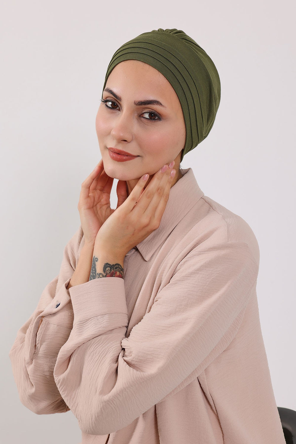 Modest Sun Protective Turban Bonnet with Removable Bow Brim for Women, 2-in-1 Hijab Hat with Removable Brim,S-4 Army Green