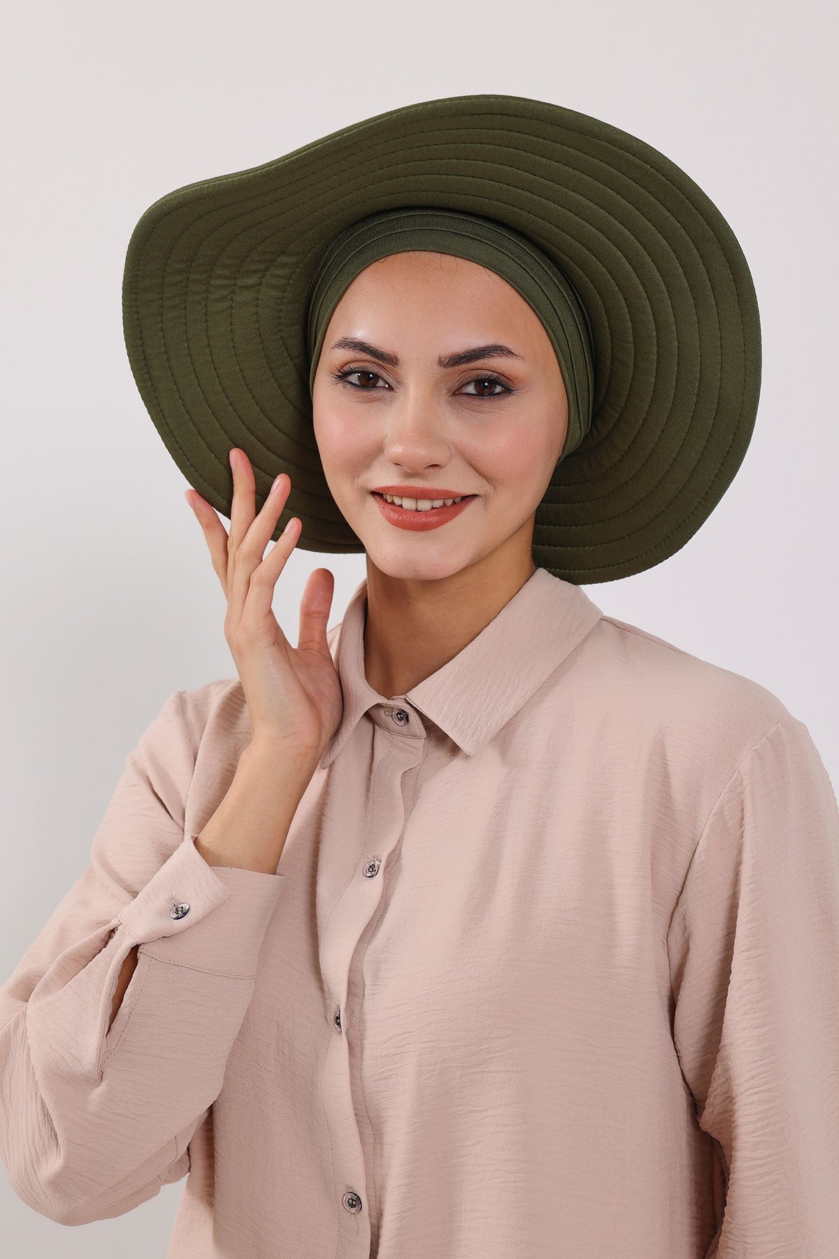Modest Sun Protective Turban Bonnet with Removable Bow Brim for Women, 2-in-1 Hijab Hat with Removable Brim,S-4 Army Green