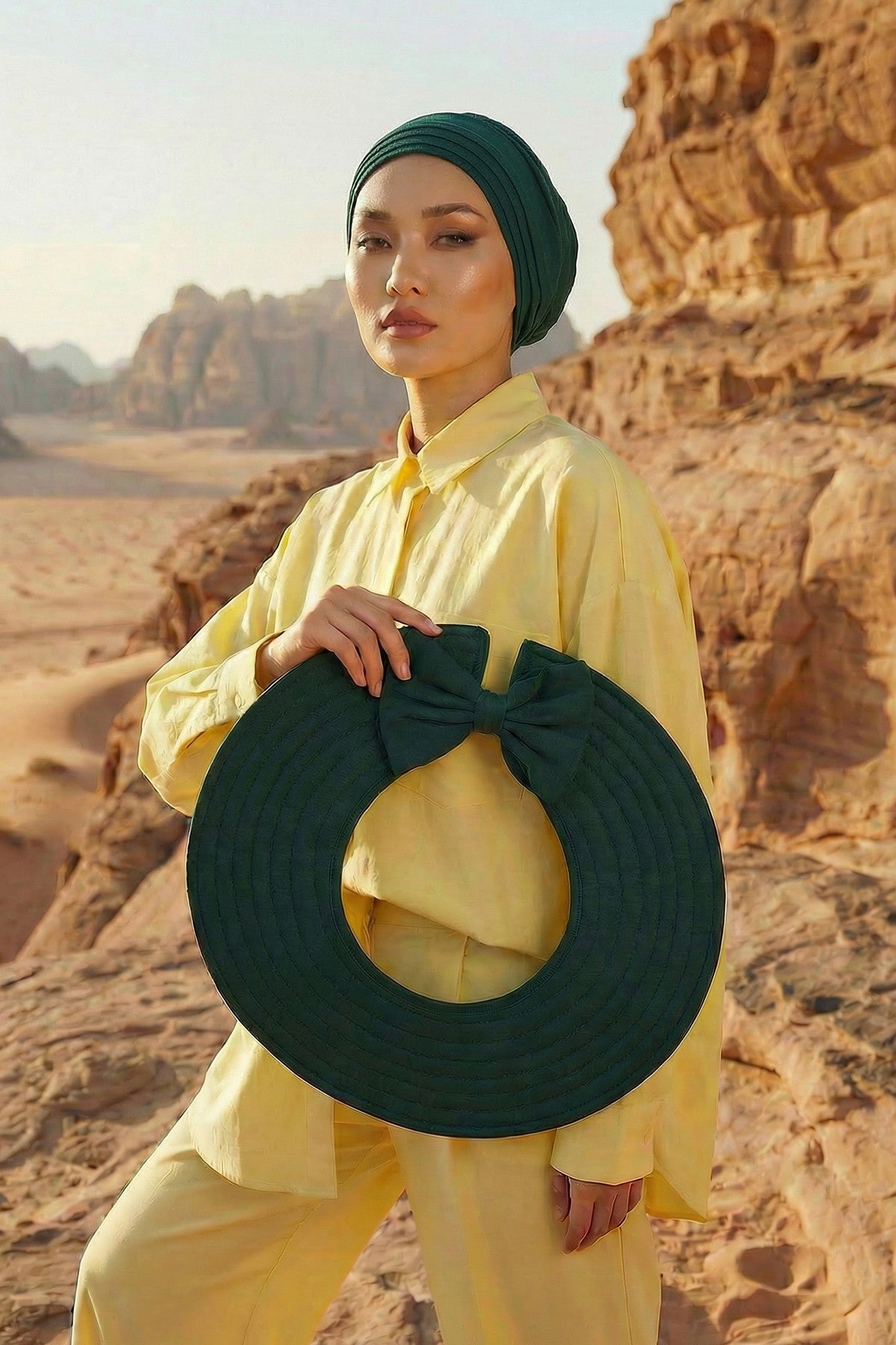 Modest Sun Protective Turban Bonnet with Removable Bow Brim for Women, 2-in-1 Hijab Hat with Removable Brim,S-4 Green