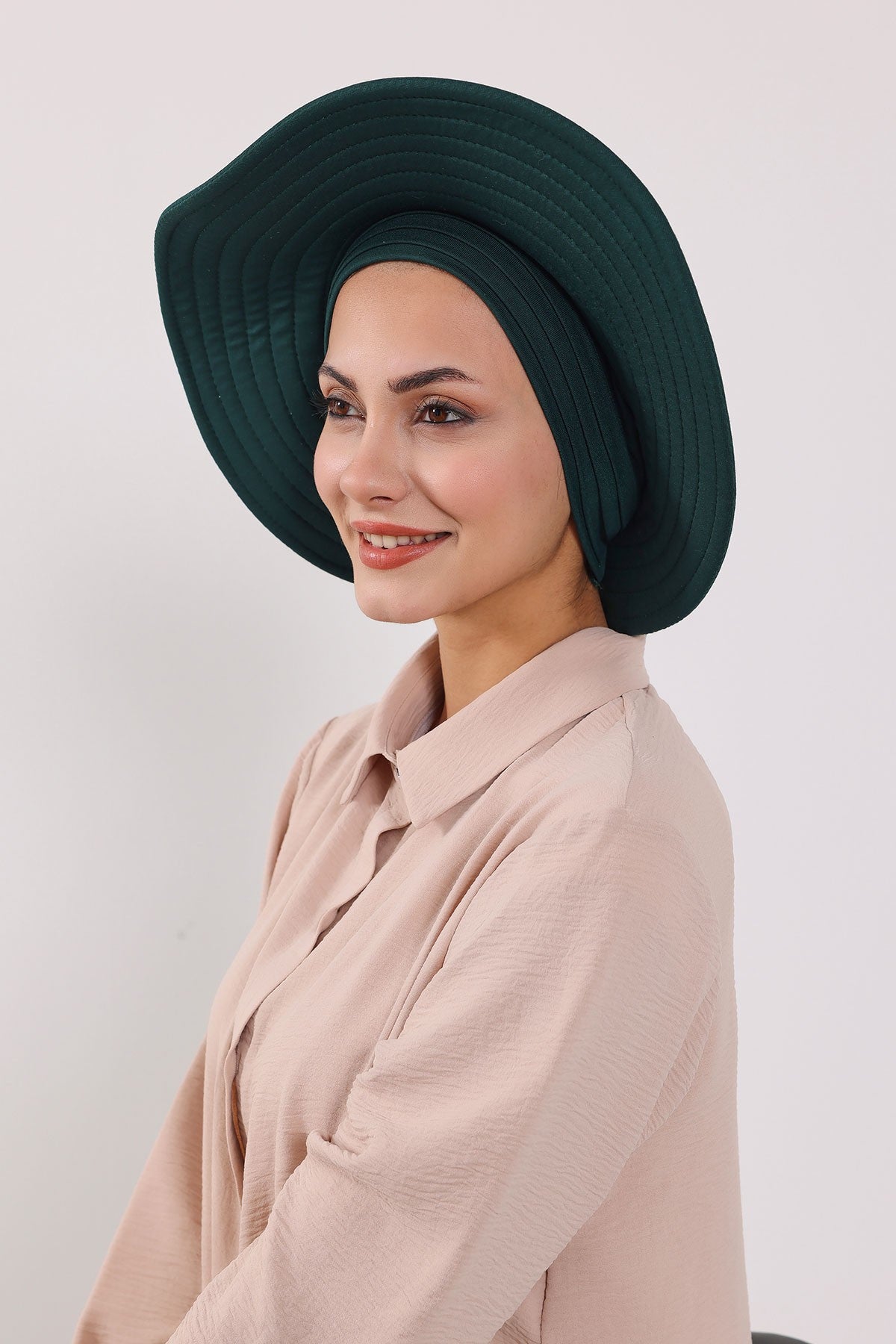 Modest Sun Protective Turban Bonnet with Removable Bow Brim for Women, 2-in-1 Hijab Hat with Removable Brim,S-4 Green