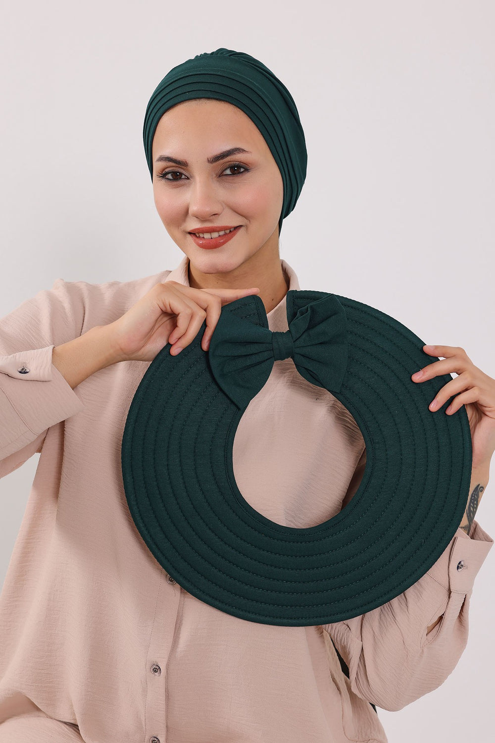 Modest Sun Protective Turban Bonnet with Removable Bow Brim for Women, 2-in-1 Hijab Hat with Removable Brim,S-4 Green