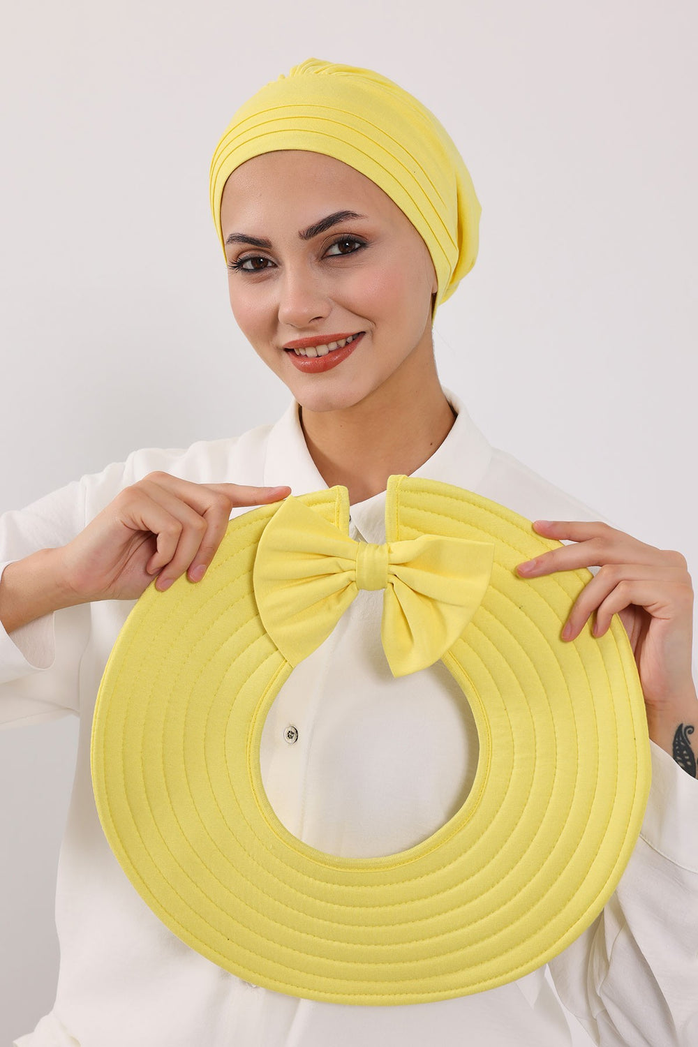 Modest Sun Protective Turban Bonnet with Removable Bow Brim for Women, 2-in-1 Hijab Hat with Removable Brim,S-4 Yellow