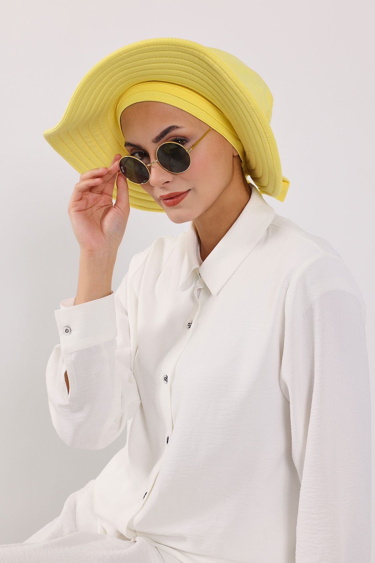 Modest Sun Protective Turban Bonnet with Removable Bow Brim for Women, 2-in-1 Hijab Hat with Removable Brim,S-4 Yellow