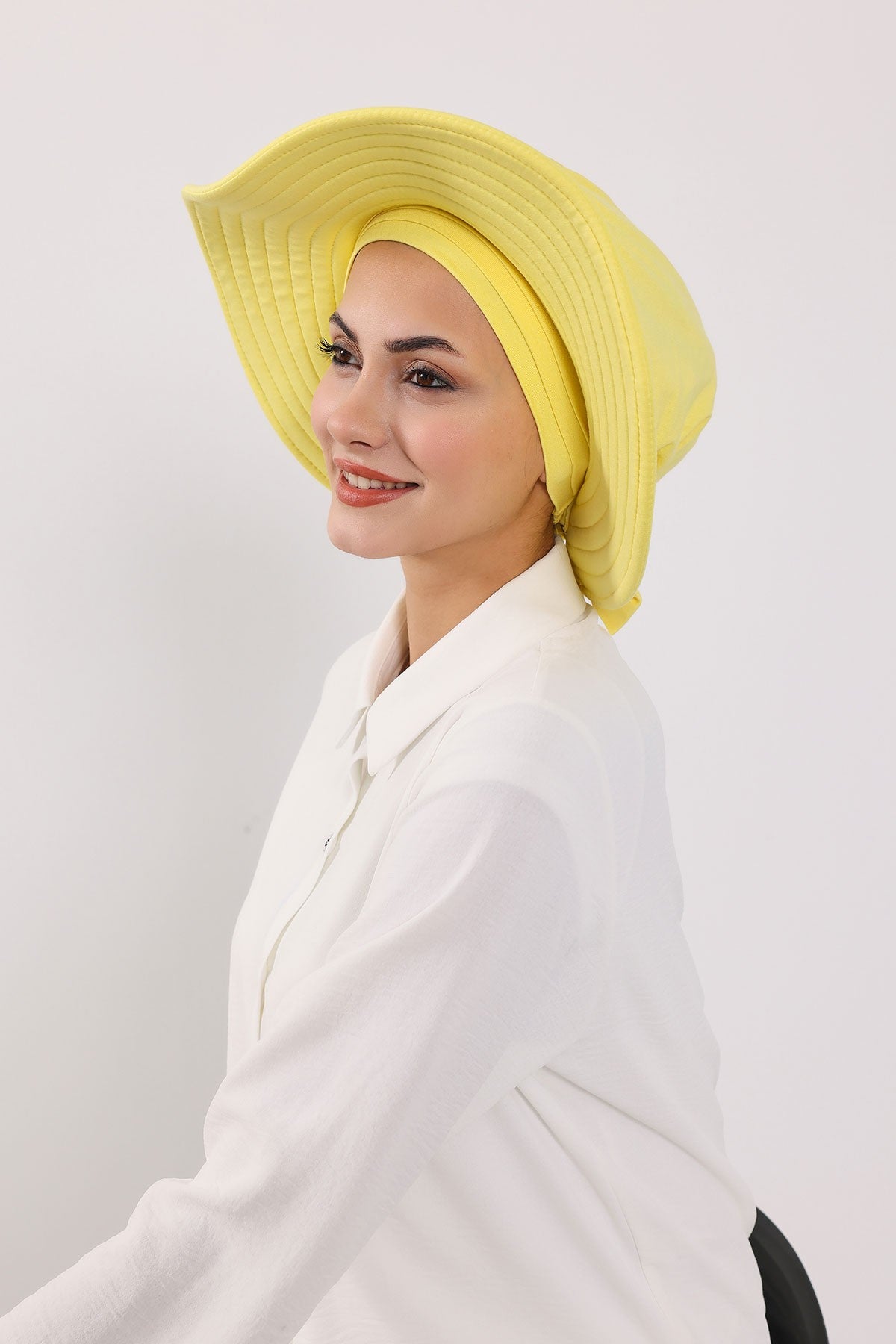 Modest Sun Protective Turban Bonnet with Removable Bow Brim for Women, 2-in-1 Hijab Hat with Removable Brim,S-4 Yellow