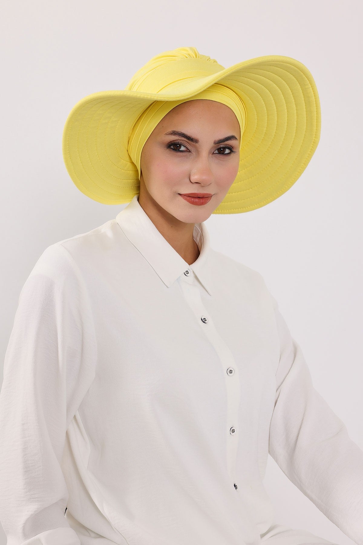Modest Sun Protective Turban Bonnet with Removable Bow Brim for Women, 2-in-1 Hijab Hat with Removable Brim,S-4 Yellow