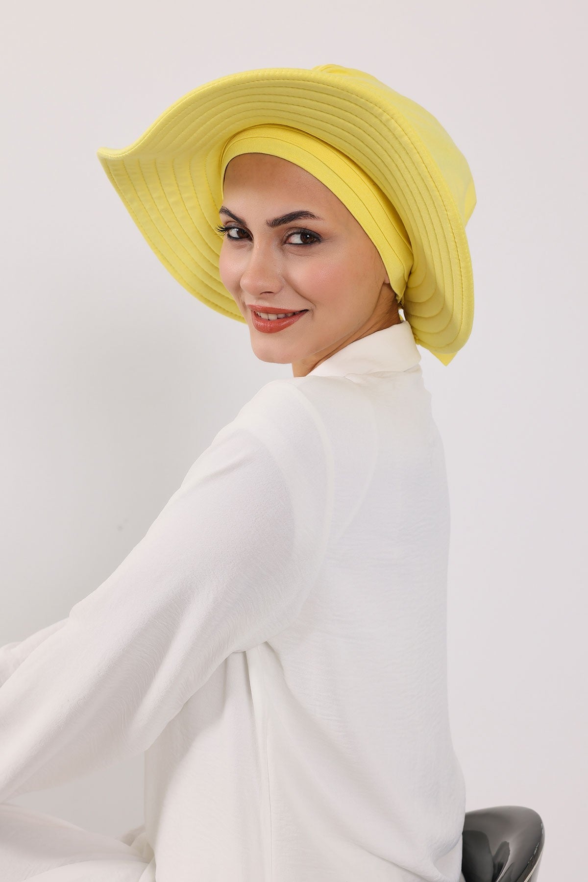 Modest Sun Protective Turban Bonnet with Removable Bow Brim for Women, 2-in-1 Hijab Hat with Removable Brim,S-4 Yellow