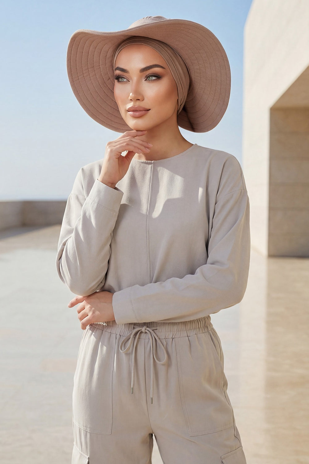 Modest Sun Protective Turban Bonnet with Removable Bow Brim for Women, 2-in-1 Hijab Hat with Removable Brim,S-4 Mink