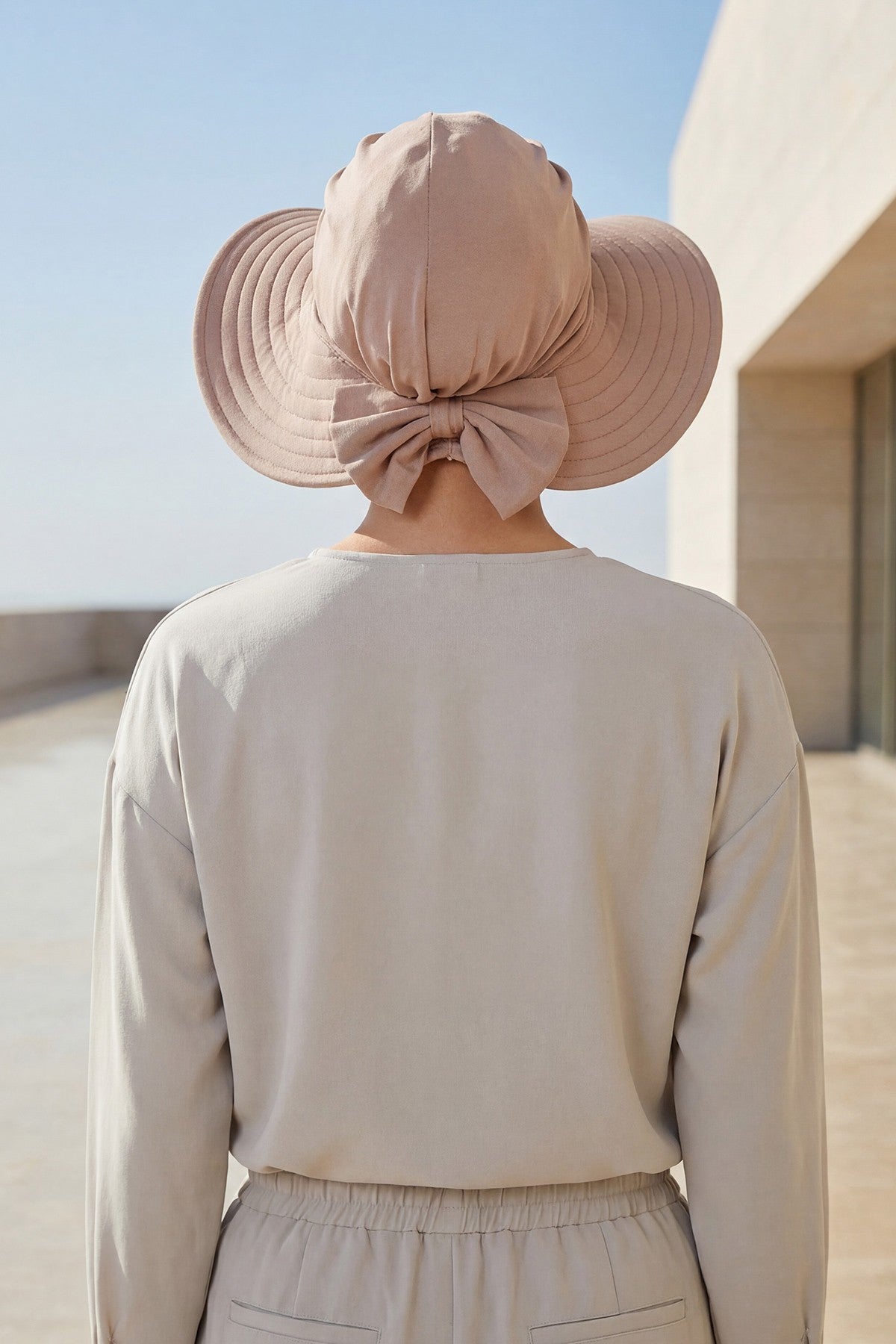 Modest Sun Protective Turban Bonnet with Removable Bow Brim for Women, 2-in-1 Hijab Hat with Removable Brim,S-4 Mink