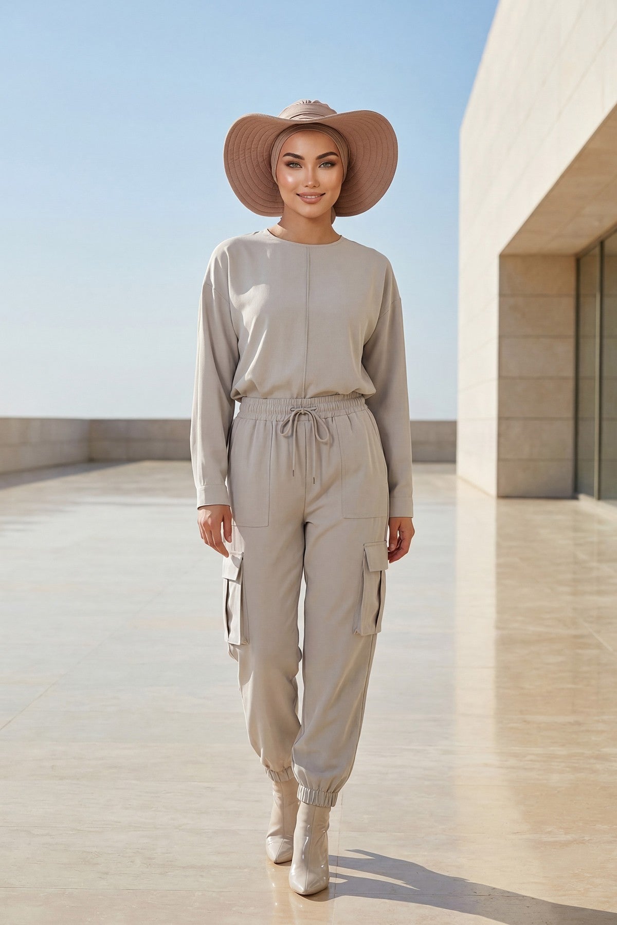 Modest Sun Protective Turban Bonnet with Removable Bow Brim for Women, 2-in-1 Hijab Hat with Removable Brim,S-4 Mink