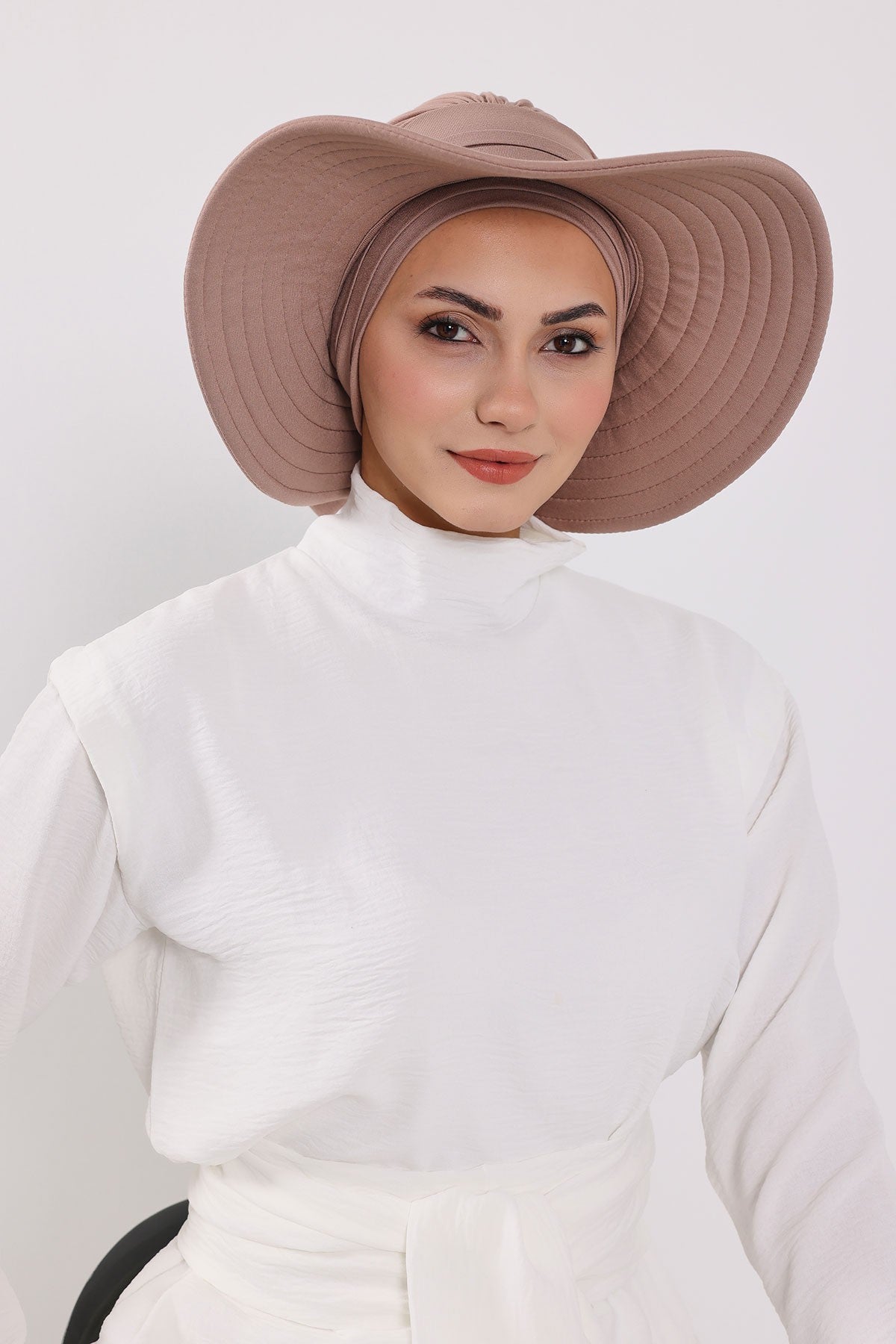 Modest Sun Protective Turban Bonnet with Removable Bow Brim for Women, 2-in-1 Hijab Hat with Removable Brim,S-4 Mink