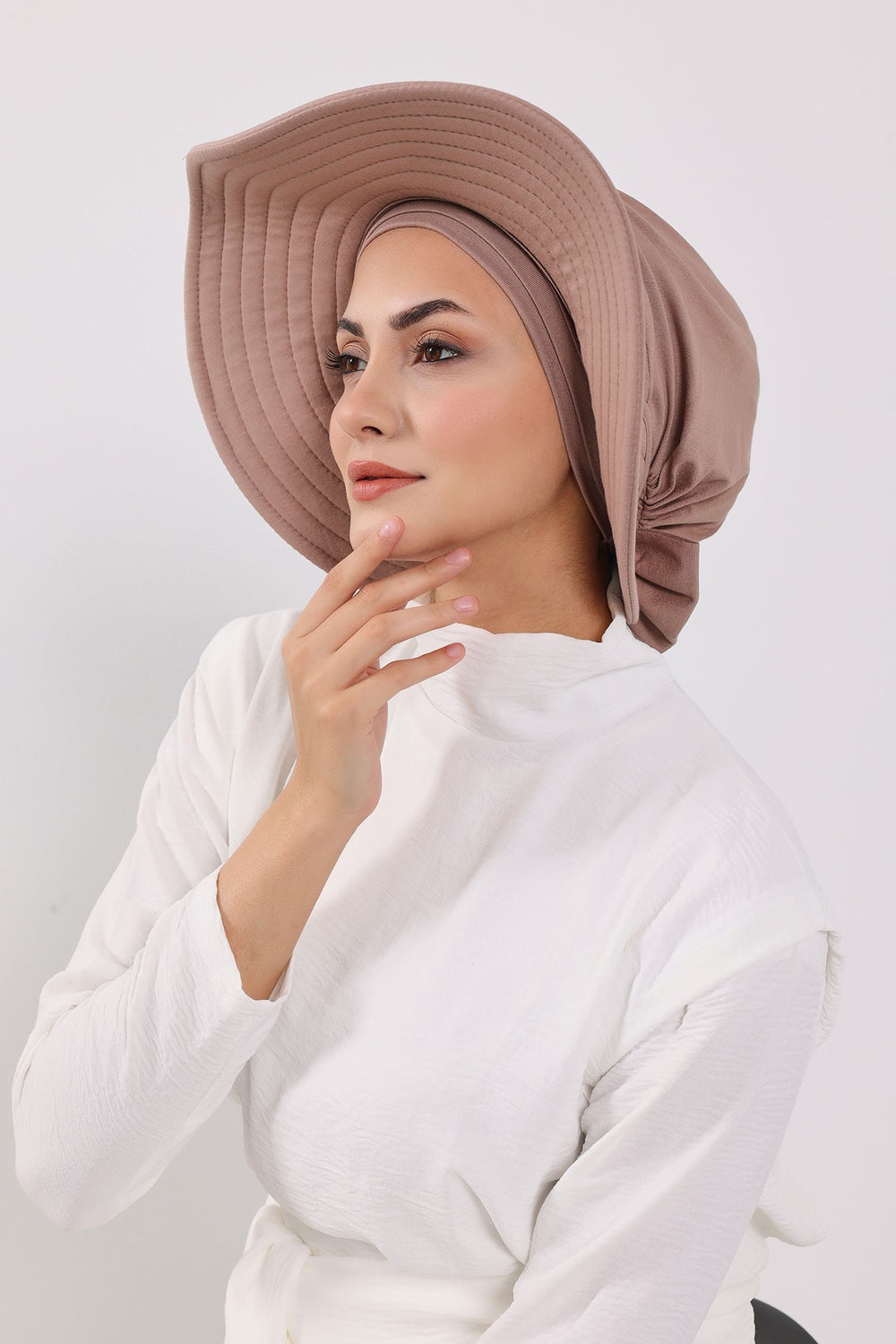 Modest Sun Protective Turban Bonnet with Removable Bow Brim for Women, 2-in-1 Hijab Hat with Removable Brim,S-4 Mink