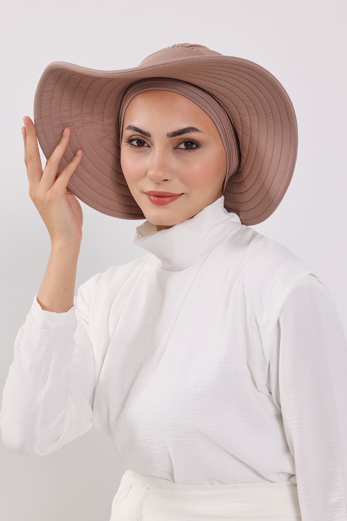Modest Sun Protective Turban Bonnet with Removable Bow Brim for Women, 2-in-1 Hijab Hat with Removable Brim,S-4 Mink