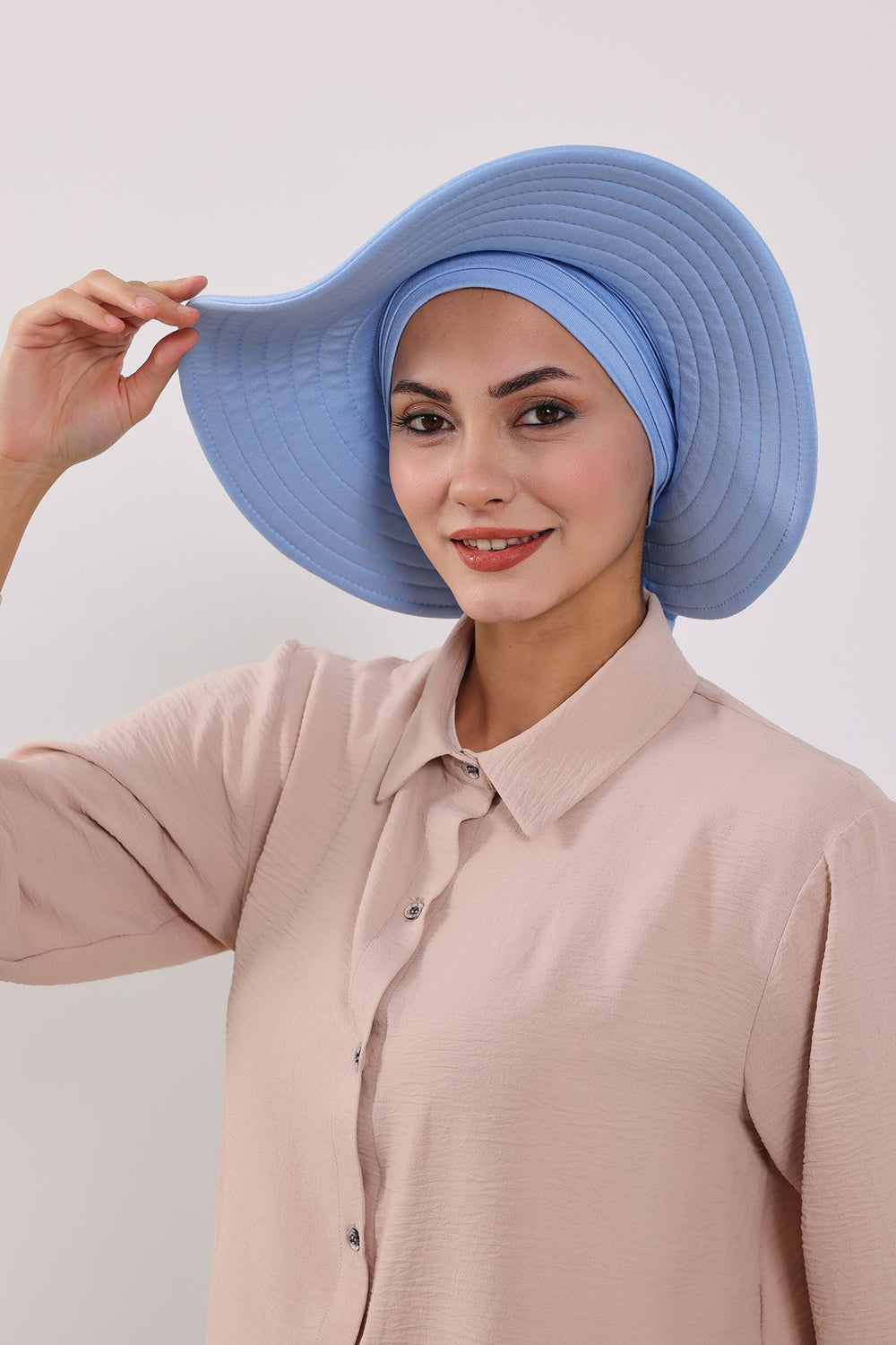 Modest Sun Protective Turban Bonnet with Removable Bow Brim for Women, 2-in-1 Hijab Hat with Removable Brim,S-4 Blue