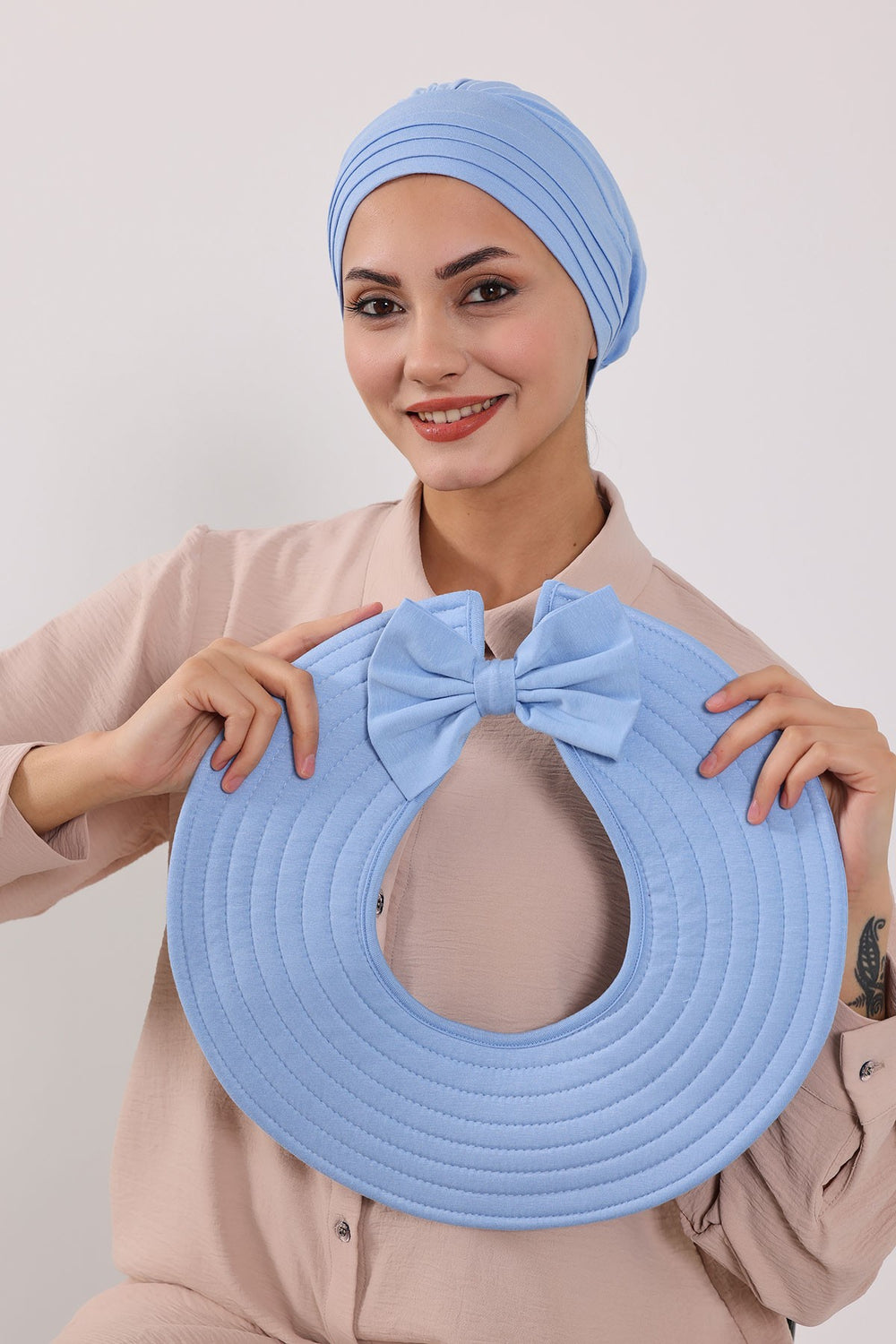 Modest Sun Protective Turban Bonnet with Removable Bow Brim for Women, 2-in-1 Hijab Hat with Removable Brim,S-4 Blue